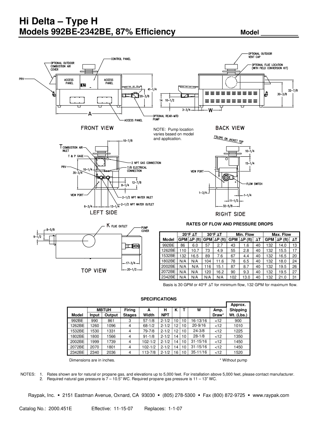 Raypak 992BE-2342BE warranty Rates of Flow and Pressure Drops, Specifications, Gpm, Mbtuh, Npt 