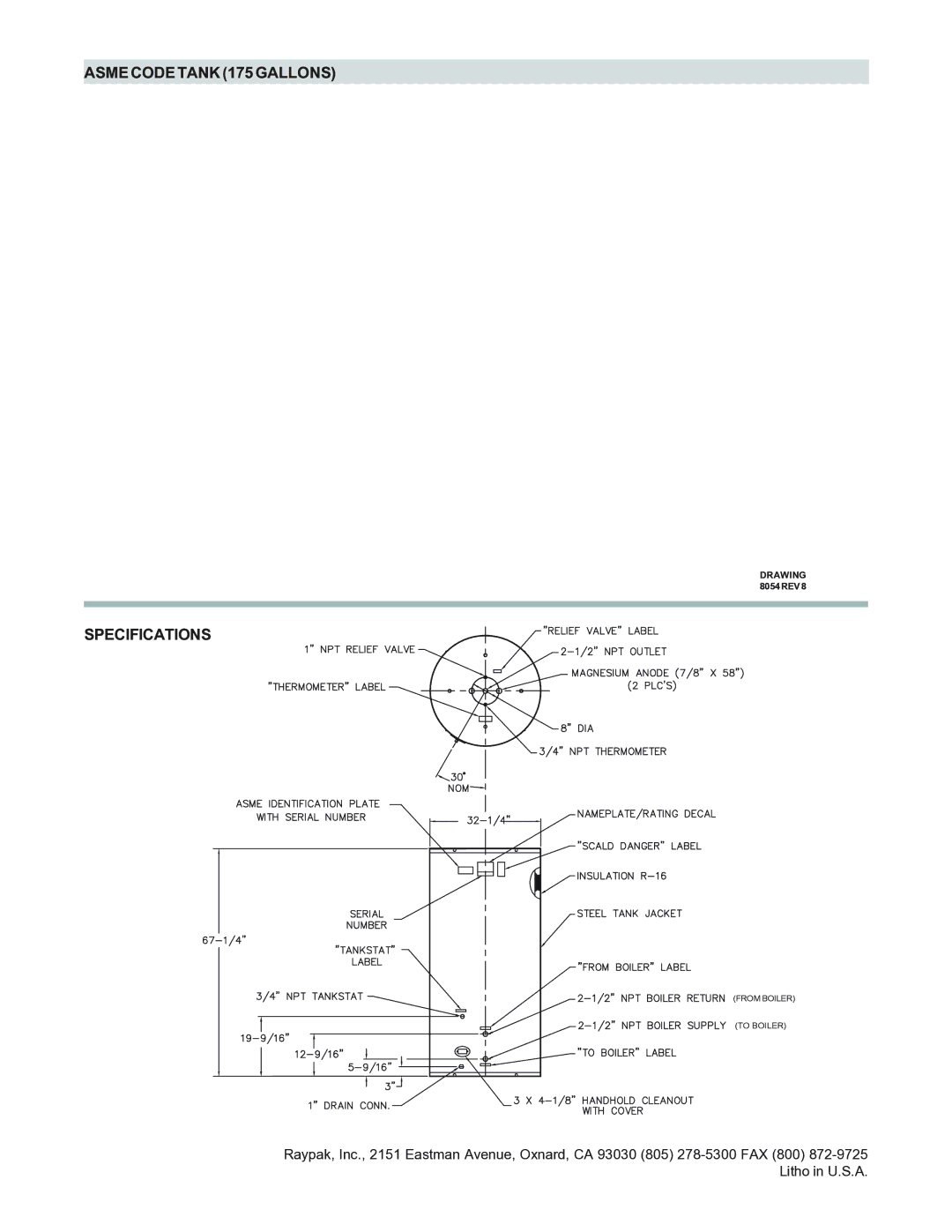 Raypak ASME CODE warranty Asme Code Tank 175 Gallons, Specifications 