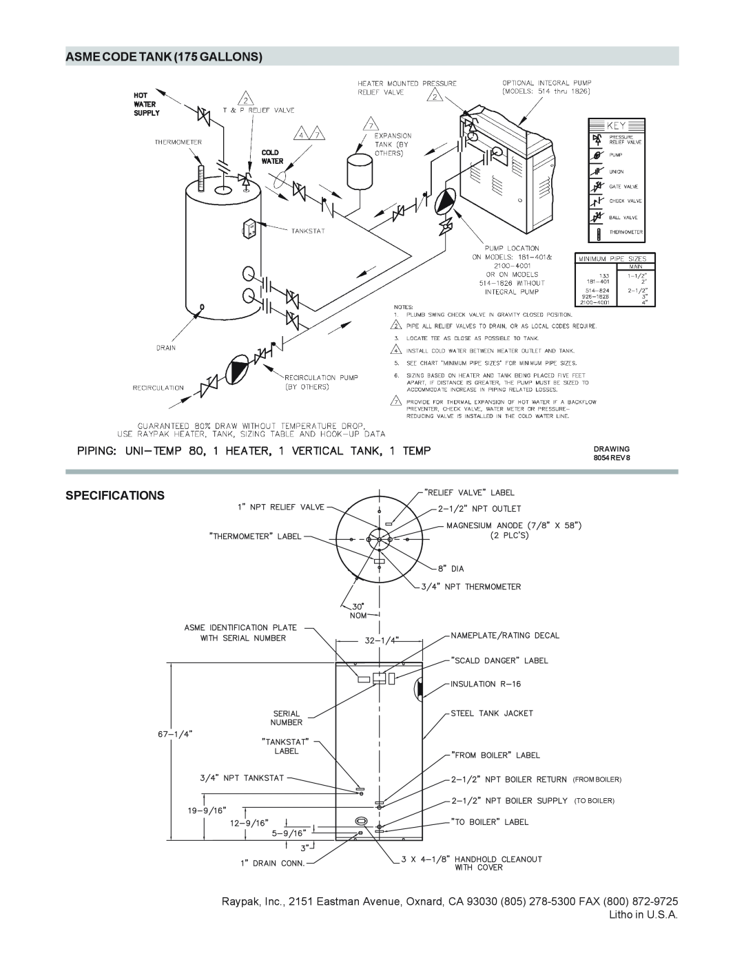 Raypak warranty ASME CODE TANK 175 GALLONS, Specifications, DRAWING 8054REV8, From Boiler To Boiler 