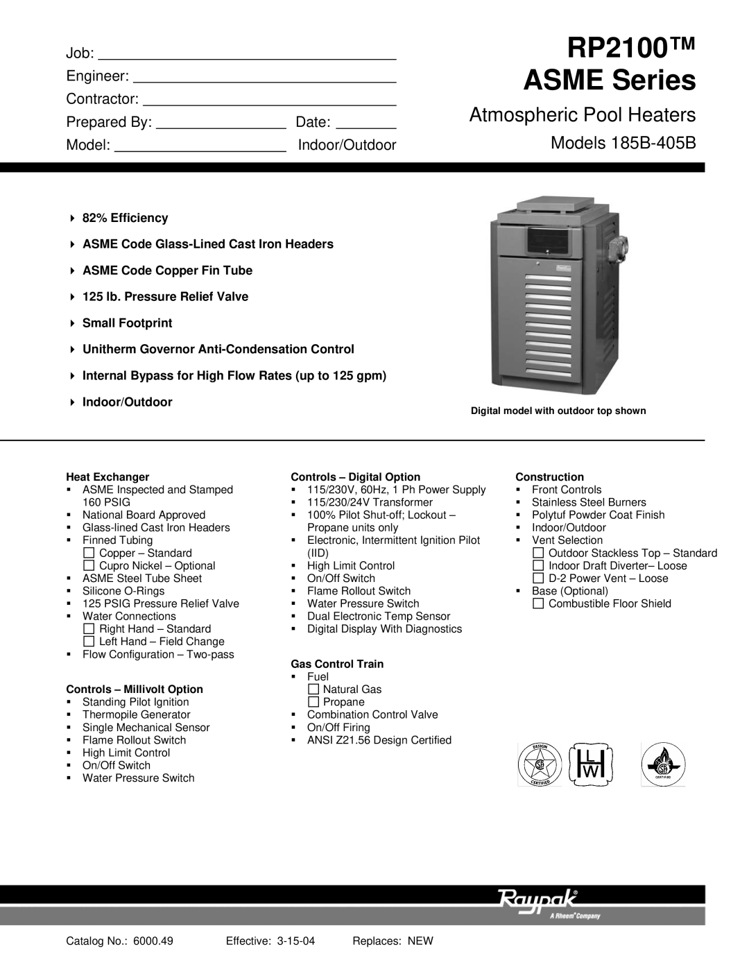 Raypak ASME Series manual Heat Exchanger Controls Digital Option Construction, Gas Control Train Controls Millivolt Option 