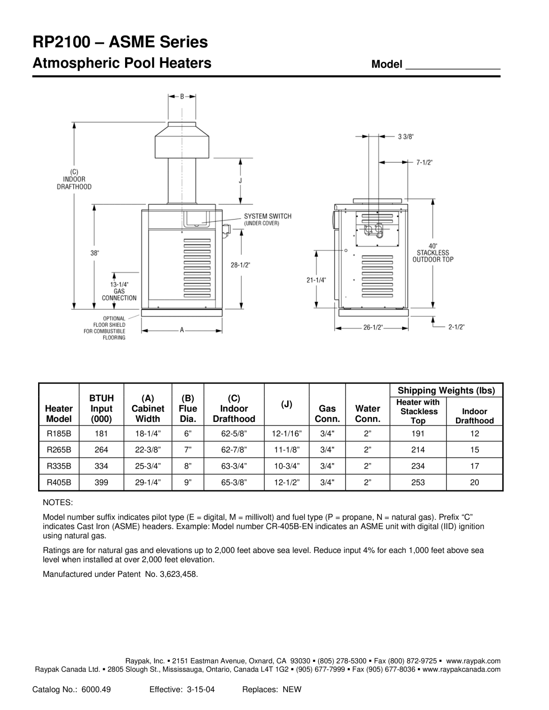 Raypak ASME Series manual Heater Heater with, Flue, Water, Indoor, Top Drafthood 