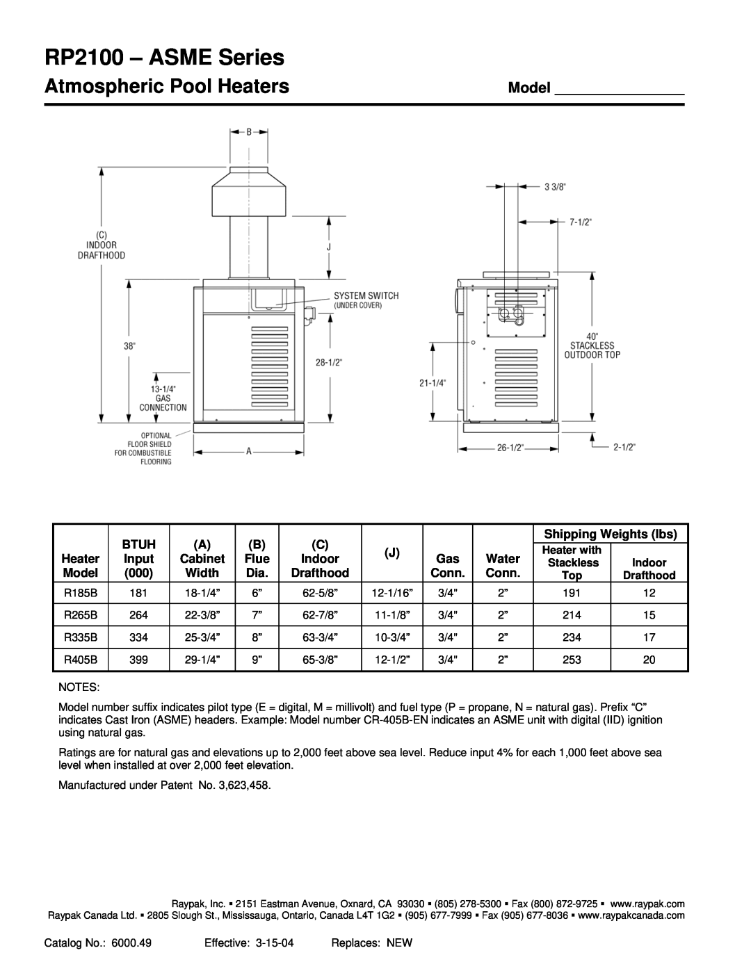Raypak RP2100 - ASME Series, Atmospheric Pool Heaters, Model, Btuh, Shipping Weights lbs, Input, Cabinet, Indoor, Width 
