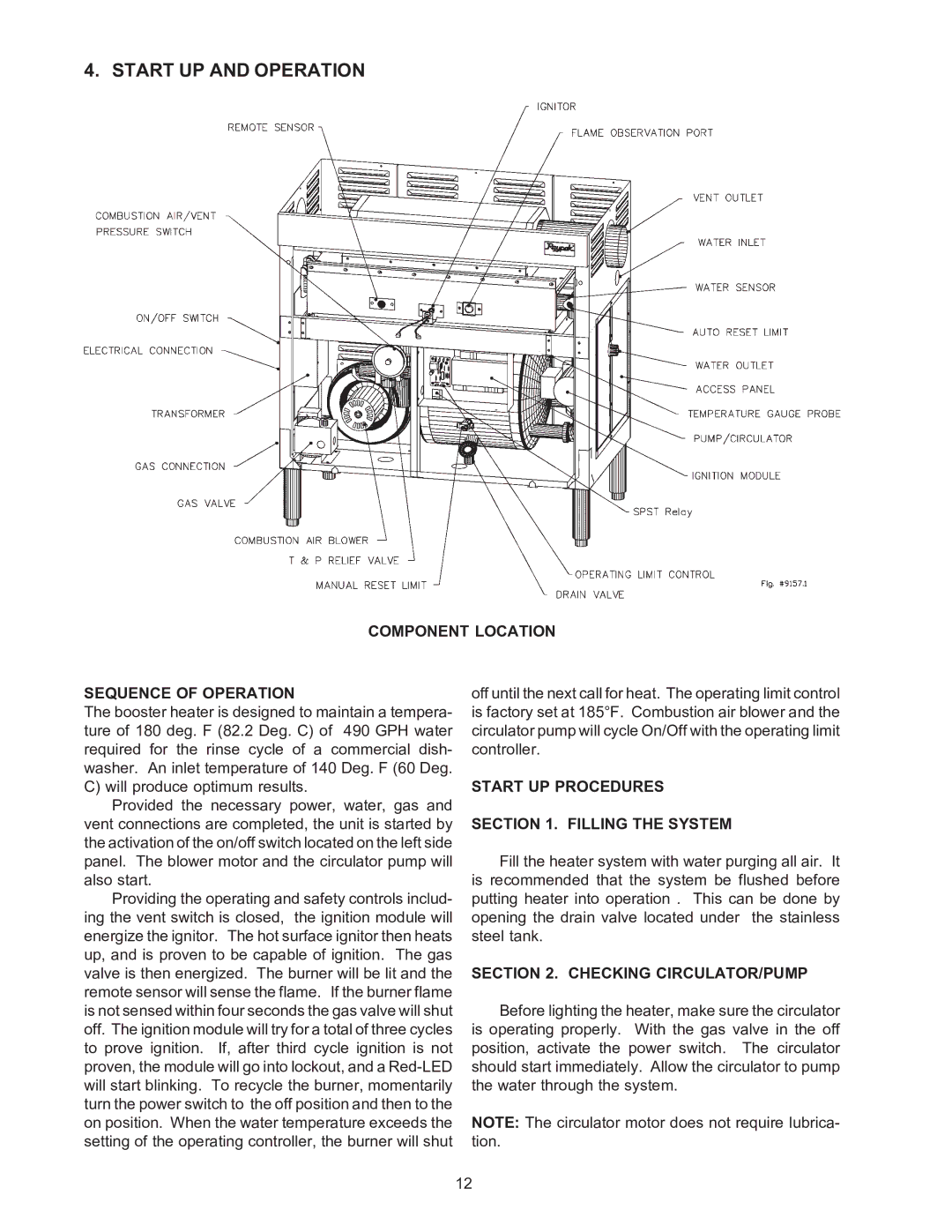 Raypak B-195 Start UP and Operation, Component Location Sequence of Operation, Start UP Procedures Filling the System 