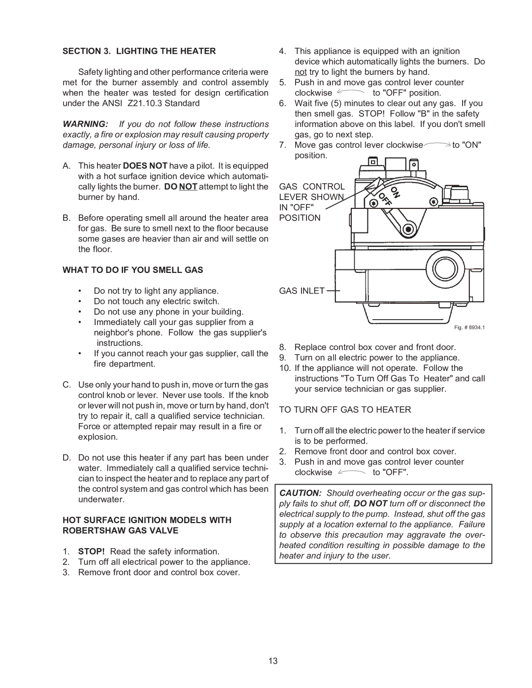 Raypak B-195 Lighting the Heater, What to do if YOU Smell GAS, HOT Surface Ignition Models with Robertshaw GAS Valve 