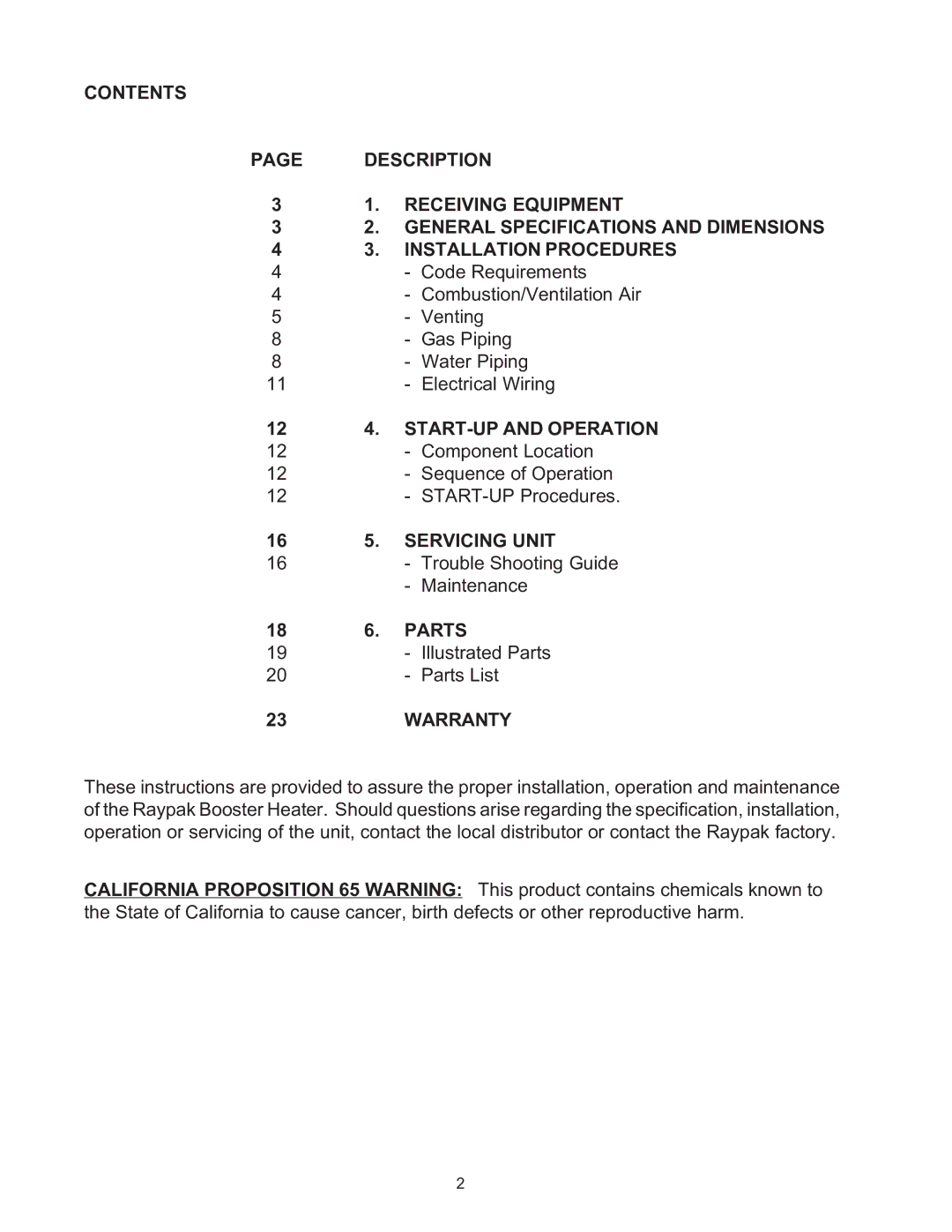 Raypak B-195 installation instructions START-UP and Operation, Servicing Unit, Parts, Warranty 