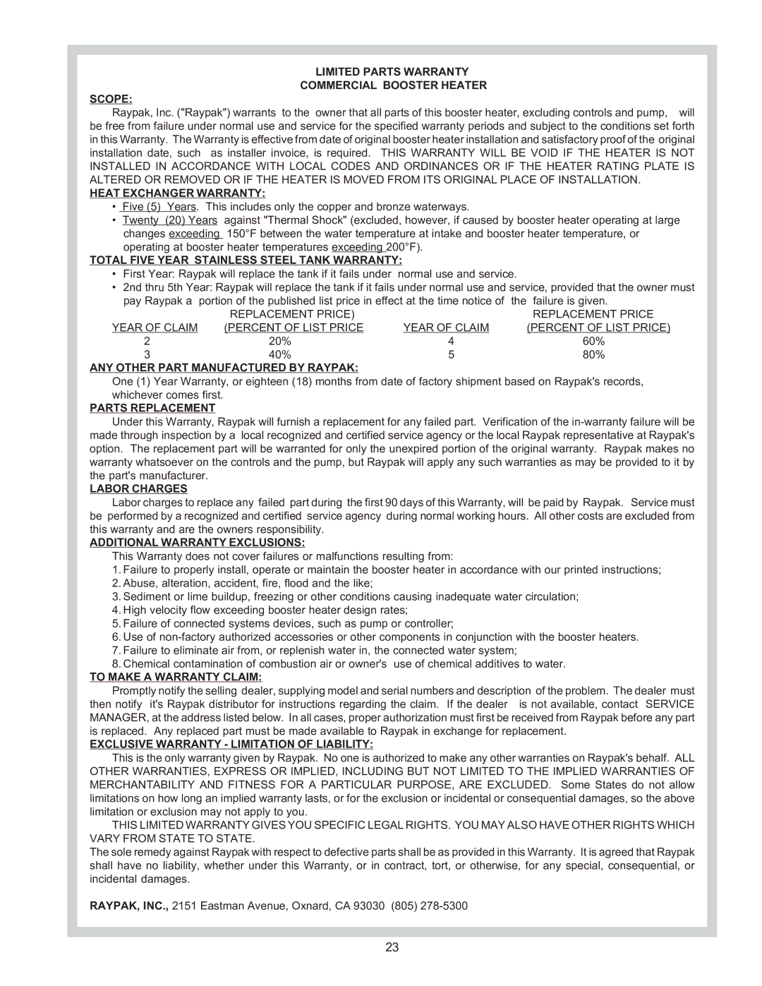 Raypak B-195 installation instructions Limited Parts Warranty Commercial Booster Heater Scope 