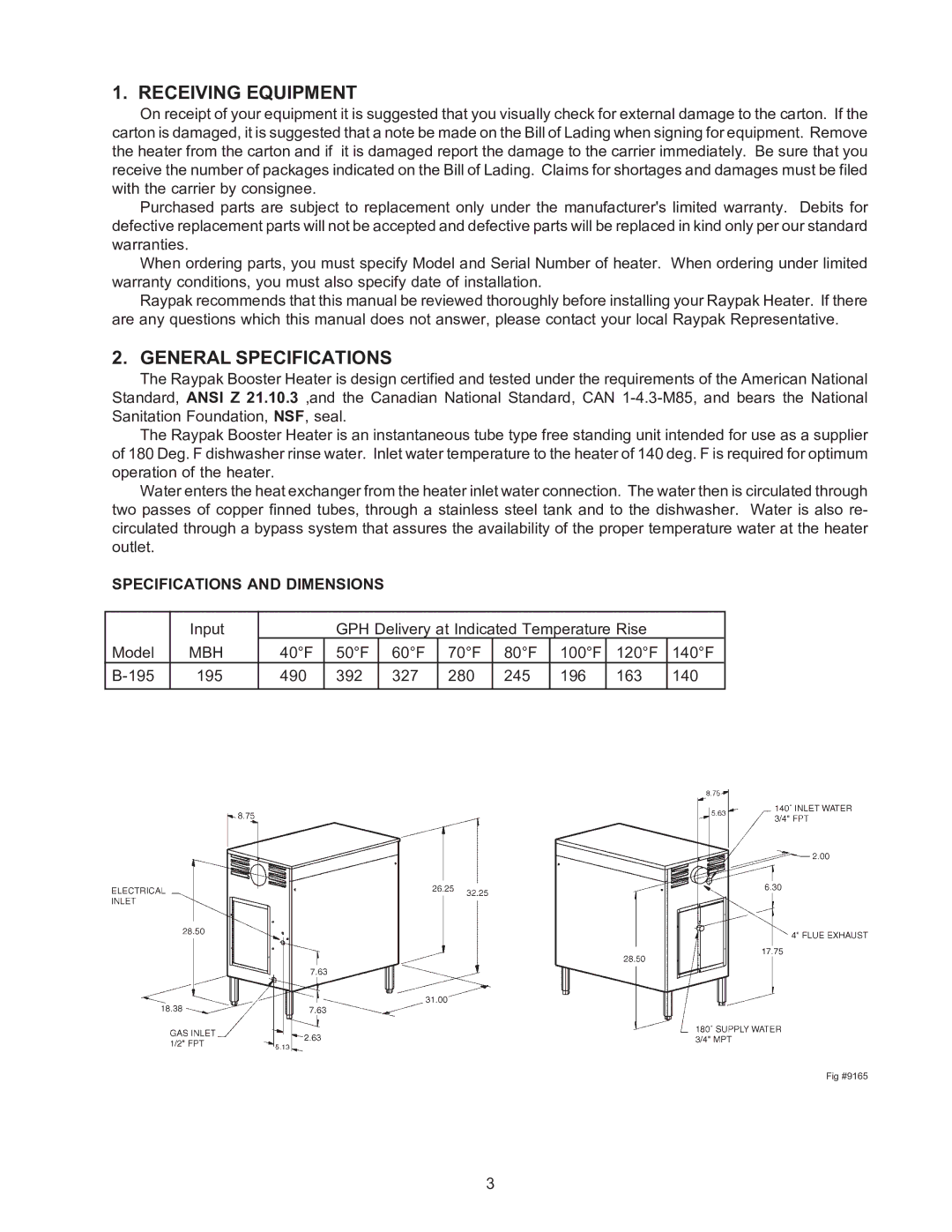 Raypak B-195 installation instructions General Specifications, Specifications and Dimensions 