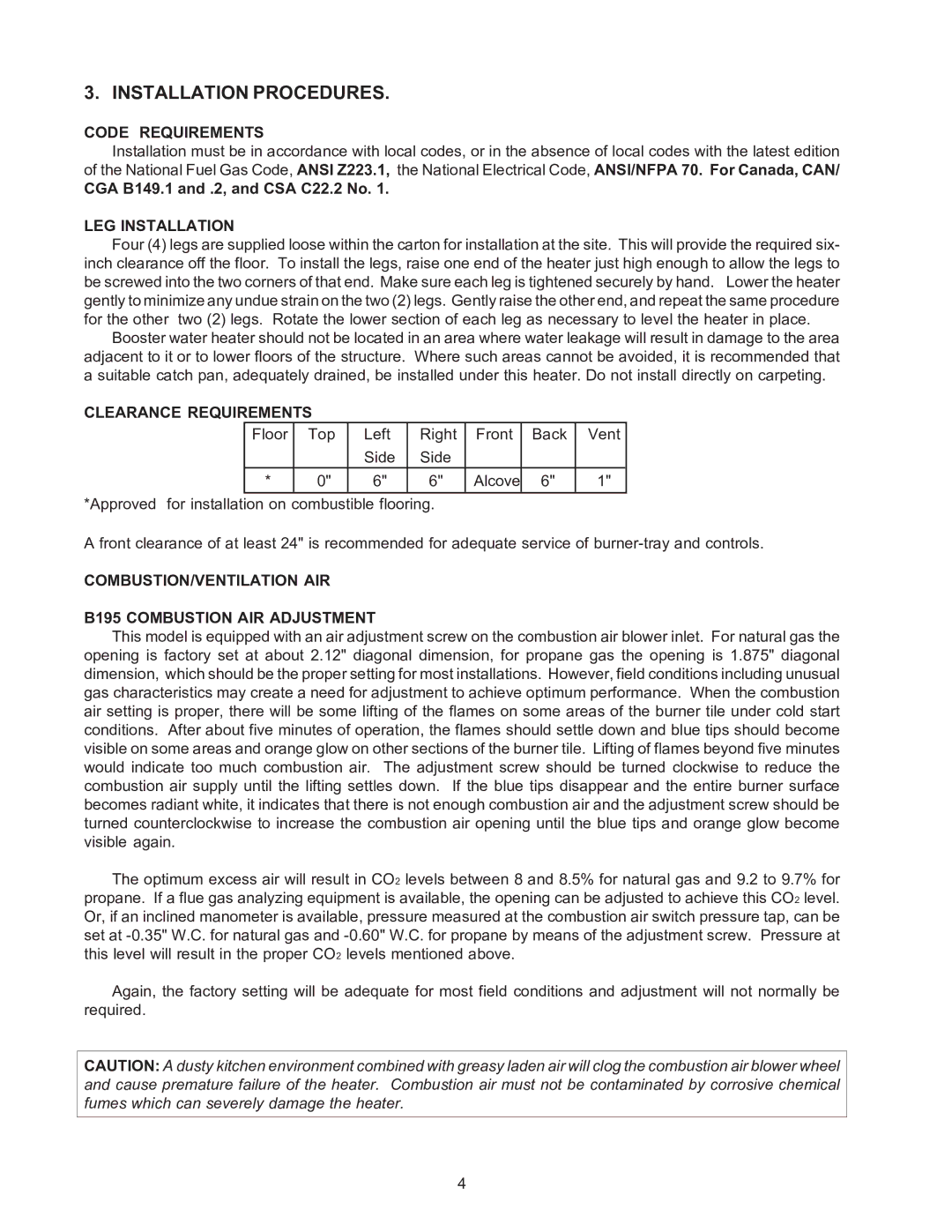 Raypak B-195 installation instructions Code Requirements, LEG Installation, Clearance Requirements 