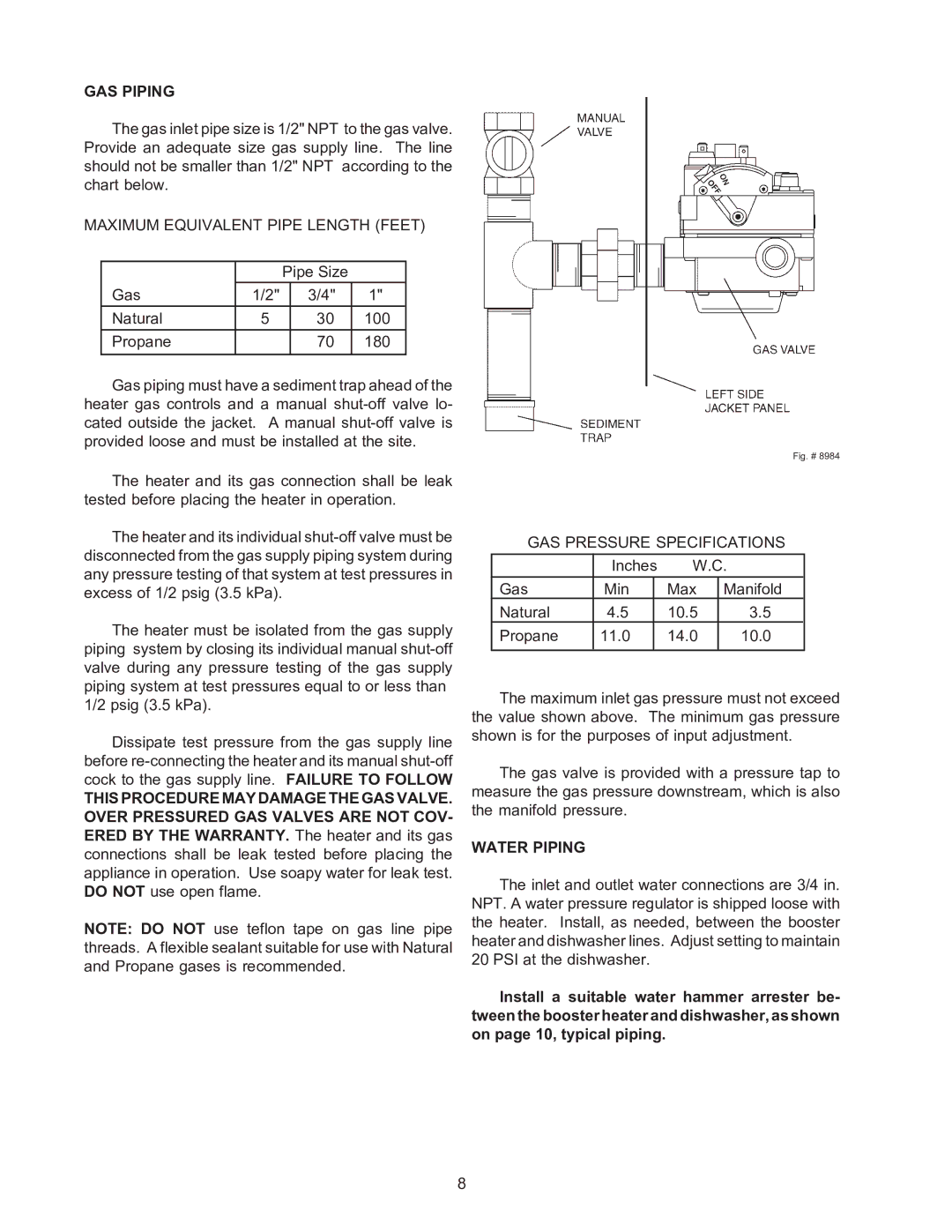 Raypak B-195 installation instructions GAS Piping, Water Piping 