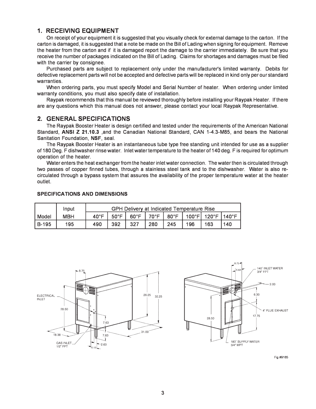 Raypak B-195 installation instructions Receiving Equipment, General Specifications, Specifications And Dimensions 