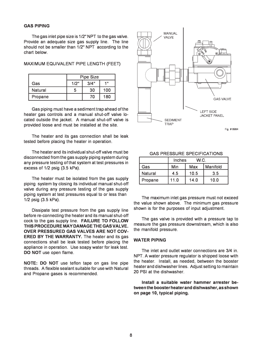 Raypak B-195 installation instructions Gas Piping, Water Piping, Fig. # 