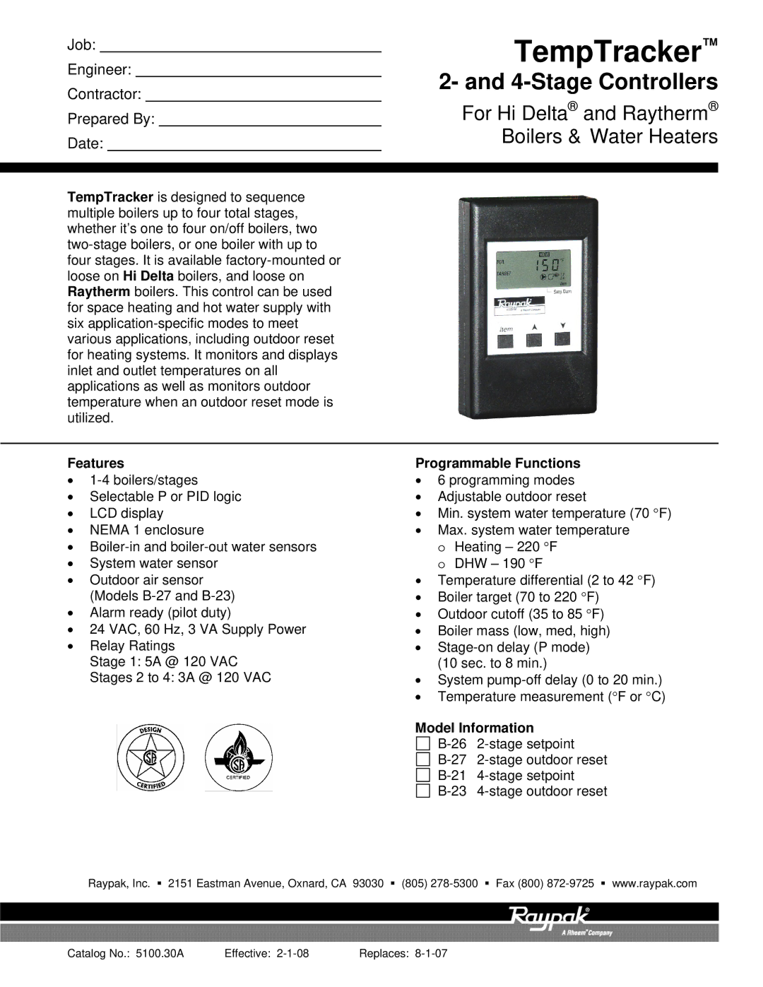 Raypak B-27, B-26, B-23, B-21 manual TempTracker, Stage Controllers, For Hi Delta and Raytherm, Boilers & Water Heaters 