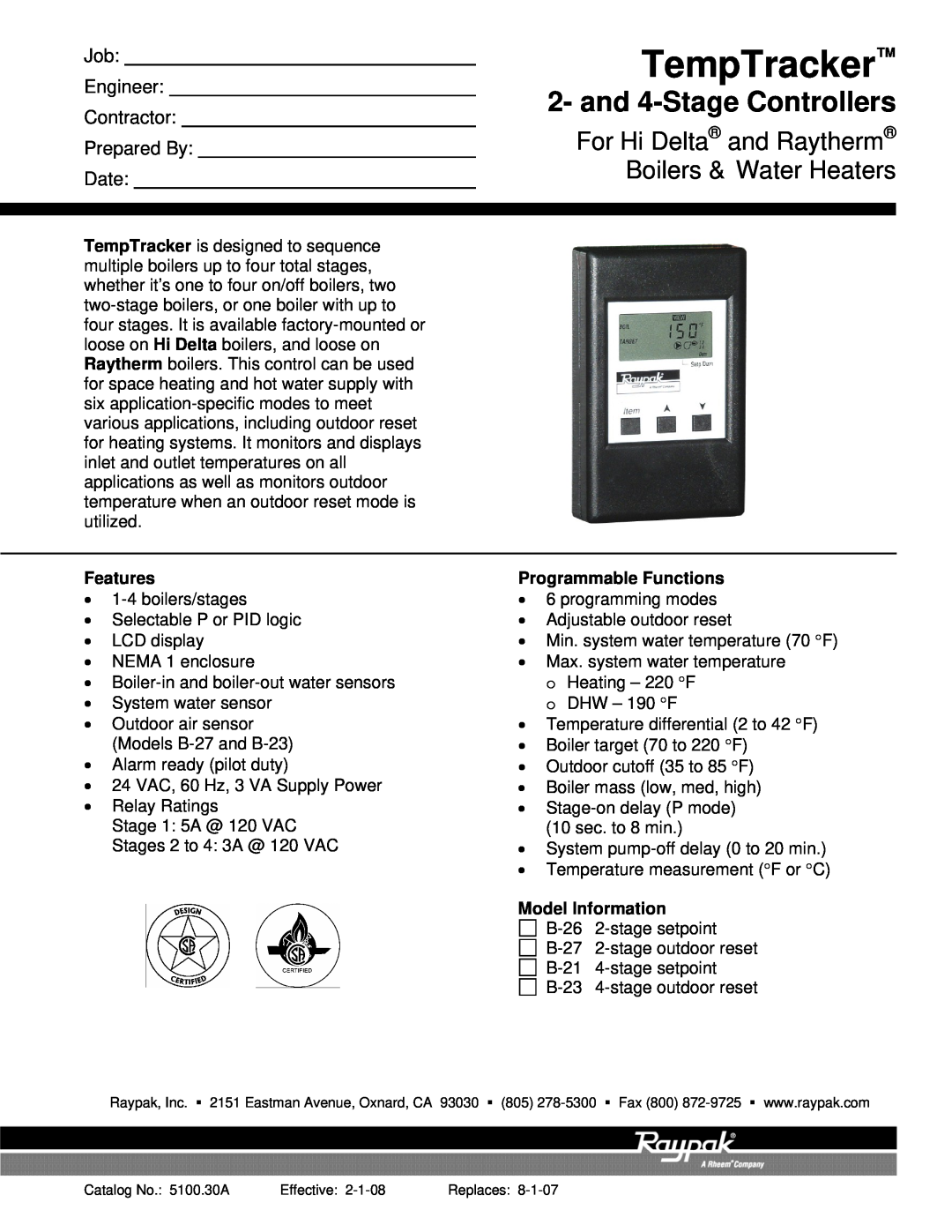Raypak B-27 manual TempTracker, and 4-Stage Controllers, For Hi Delta and Raytherm, Boilers & Water Heaters, Engineer 