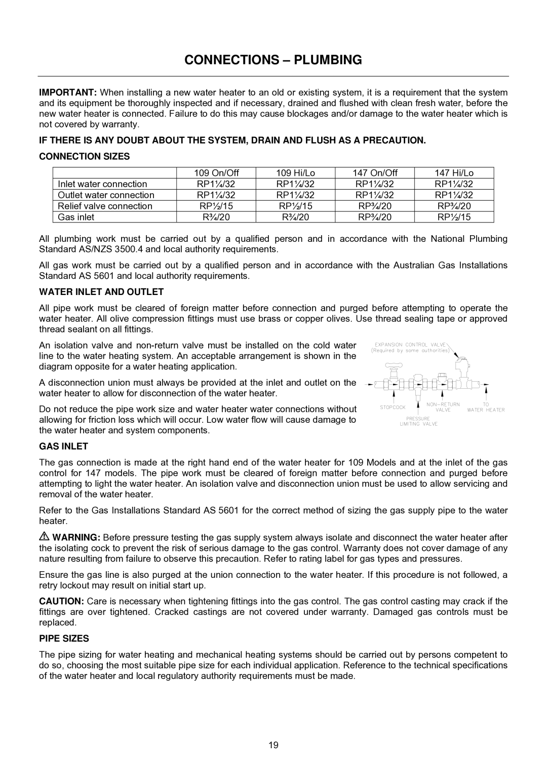 Raypak B0109, B0147 installation instructions Connections Plumbing, Water Inlet and Outlet, GAS Inlet, Pipe Sizes 