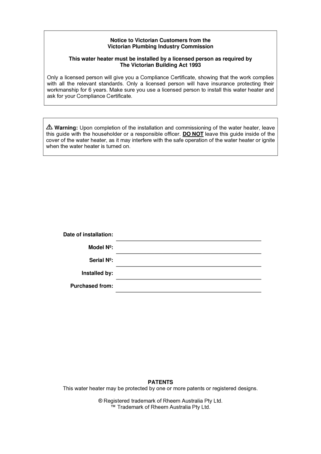 Raypak B0147, B0109 installation instructions Patents 