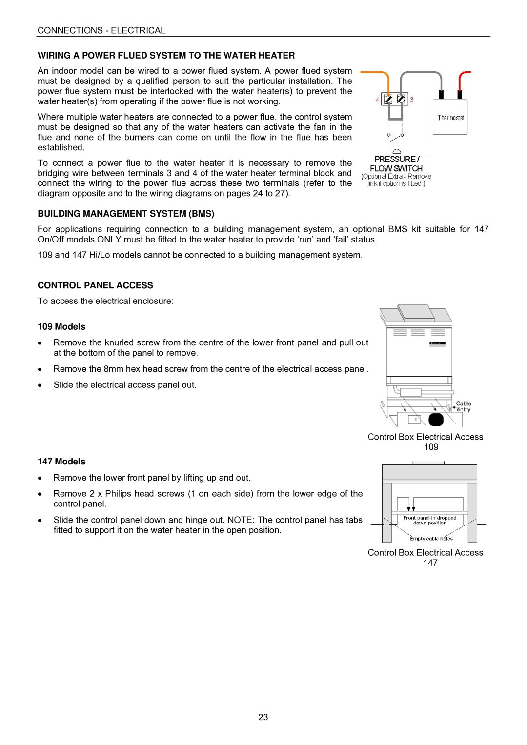 Raypak B0109, B0147 Wiring a Power Flued System to the Water Heater, Building Management System BMS, Control Panel Access 