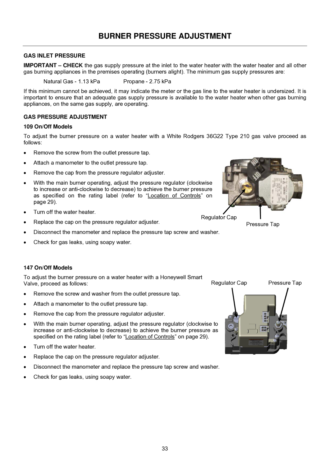 Raypak B0109, B0147 Burner Pressure Adjustment, GAS Inlet Pressure, GAS Pressure Adjustment 109 On/Off Models 