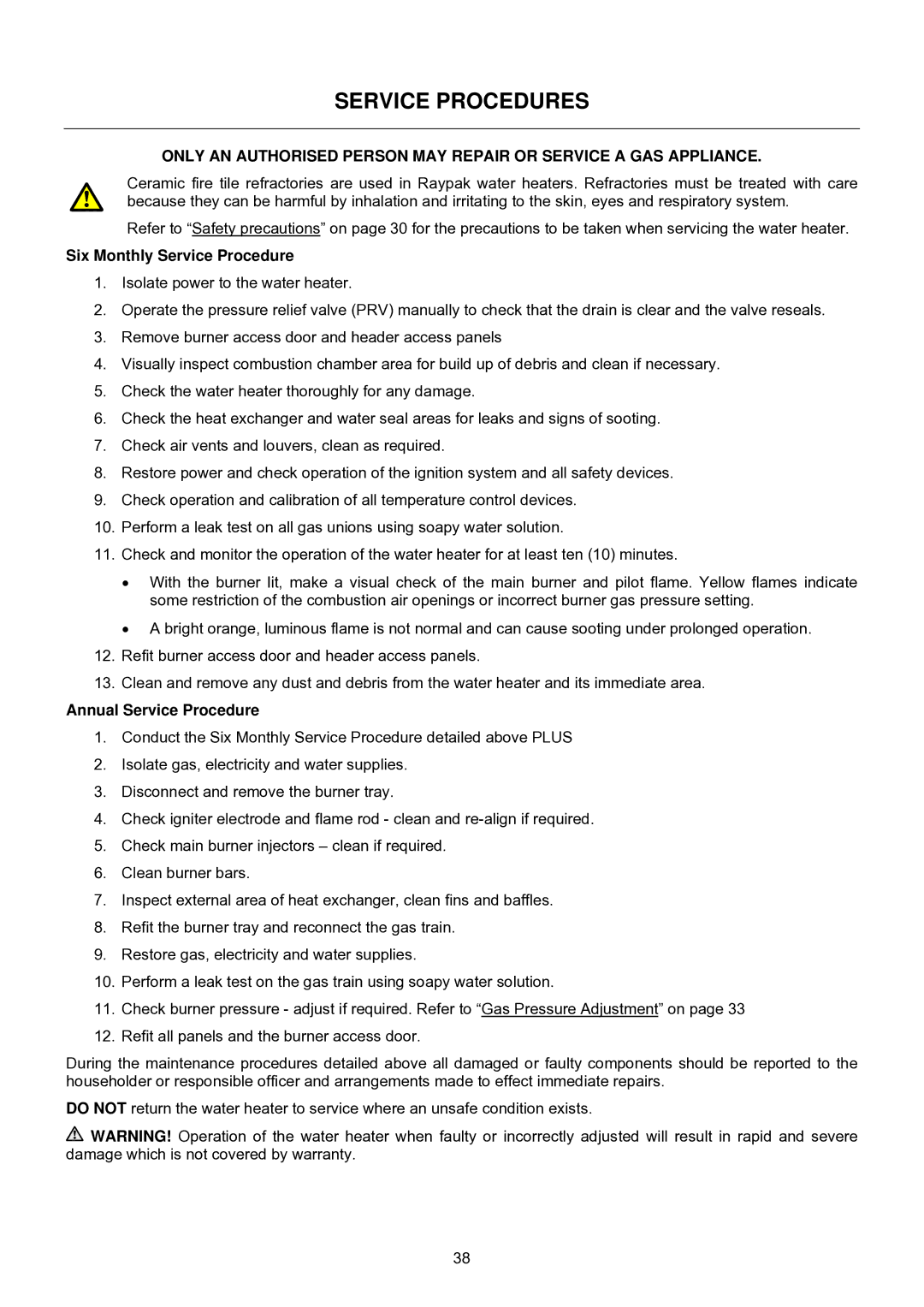 Raypak B0147, B0109 installation instructions Service Procedures, Six Monthly Service Procedure, Annual Service Procedure 