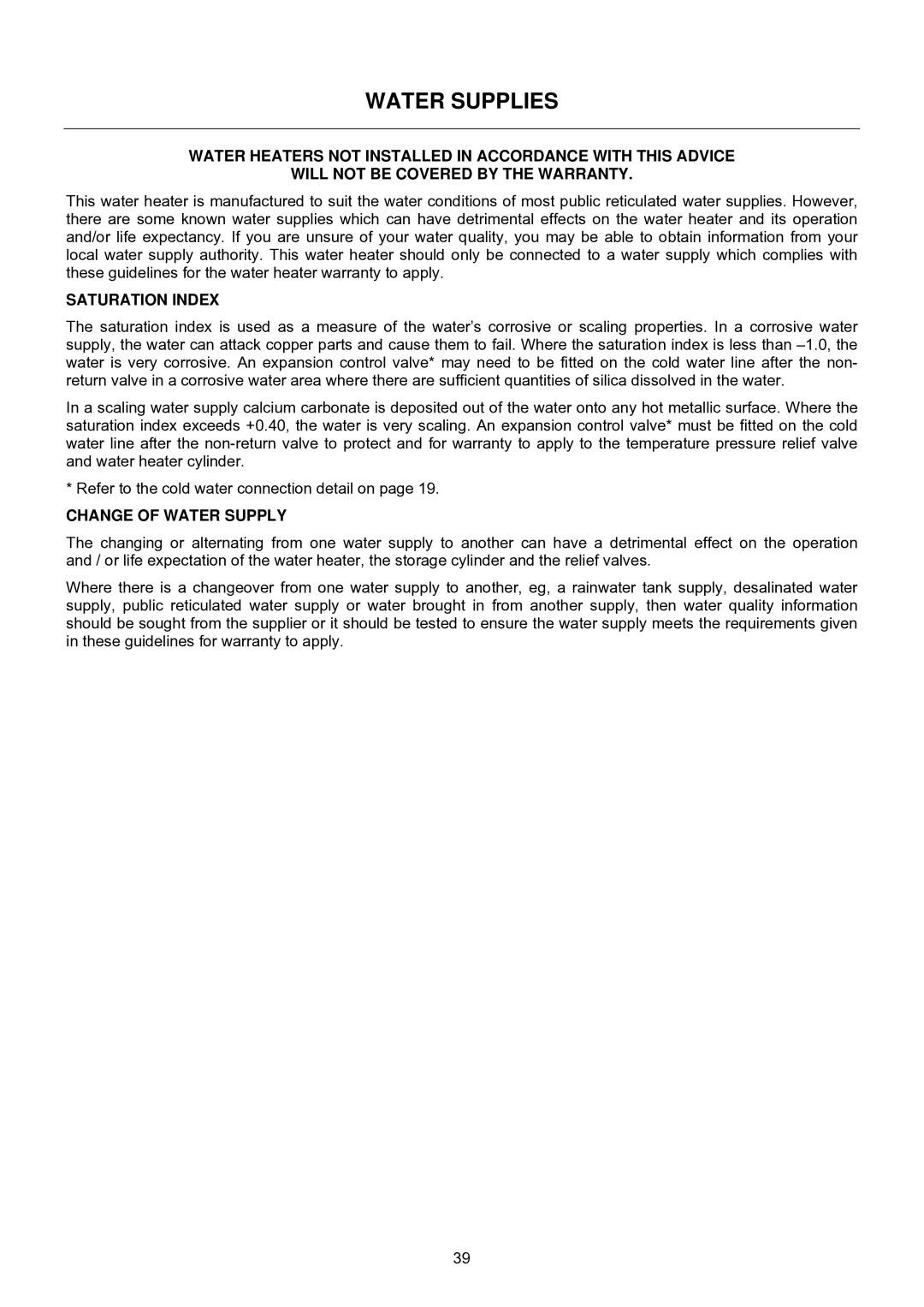 Raypak B0109, B0147 installation instructions Water Supplies, Saturation Index, Change of Water Supply 