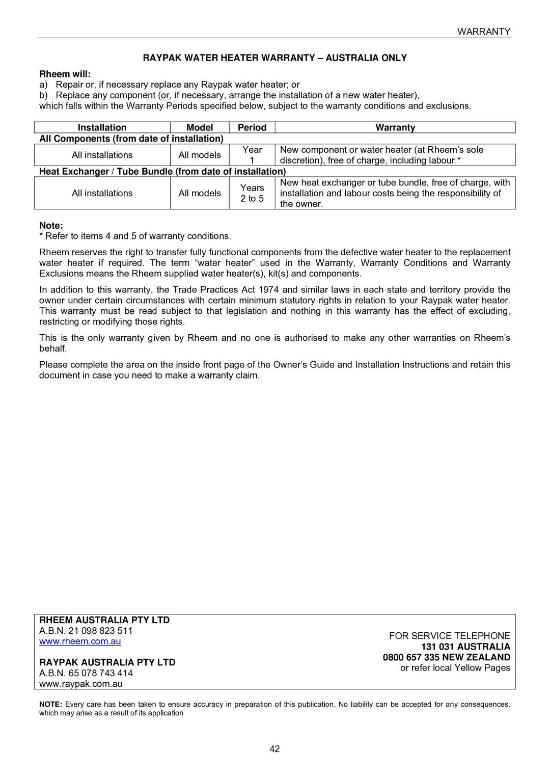 Raypak B0147, B0109 installation instructions Raypak Water Heater Warranty Australia only, 131 031 Australia 