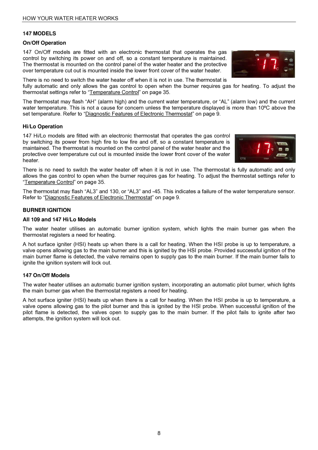 Raypak B0147, B0109 installation instructions Burner Ignition, All 109 and 147 Hi/Lo Models, 147 On/Off Models 