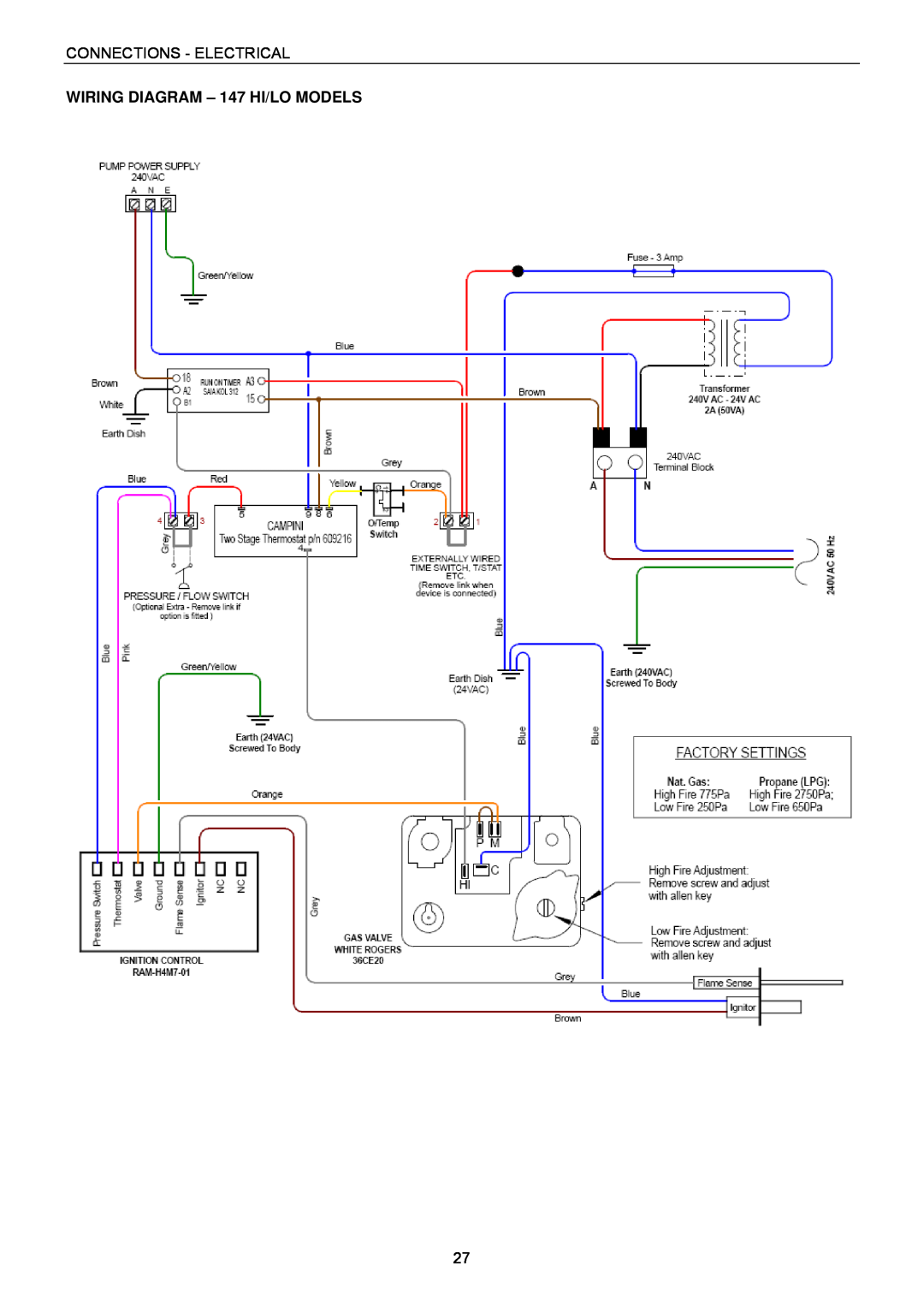 Raypak B0109, B0147 installation instructions WIRING DIAGRAM - 147 HI/LO MODELS, Connections - Electrical 