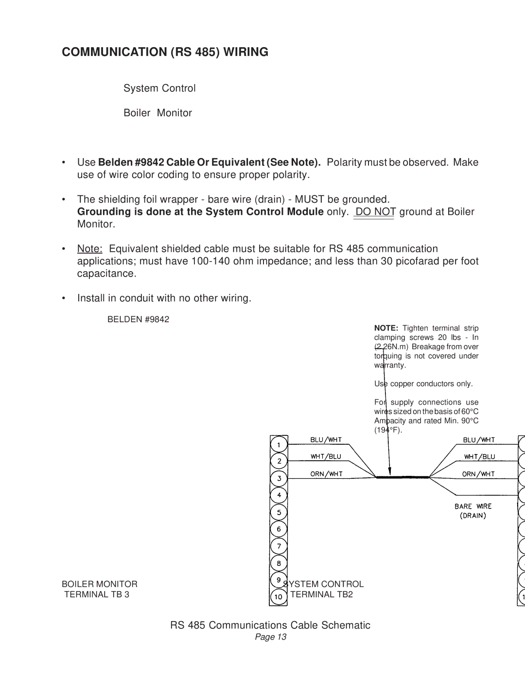 Raypak B6000 manual Communication RS 485 Wiring, Belden #9842 