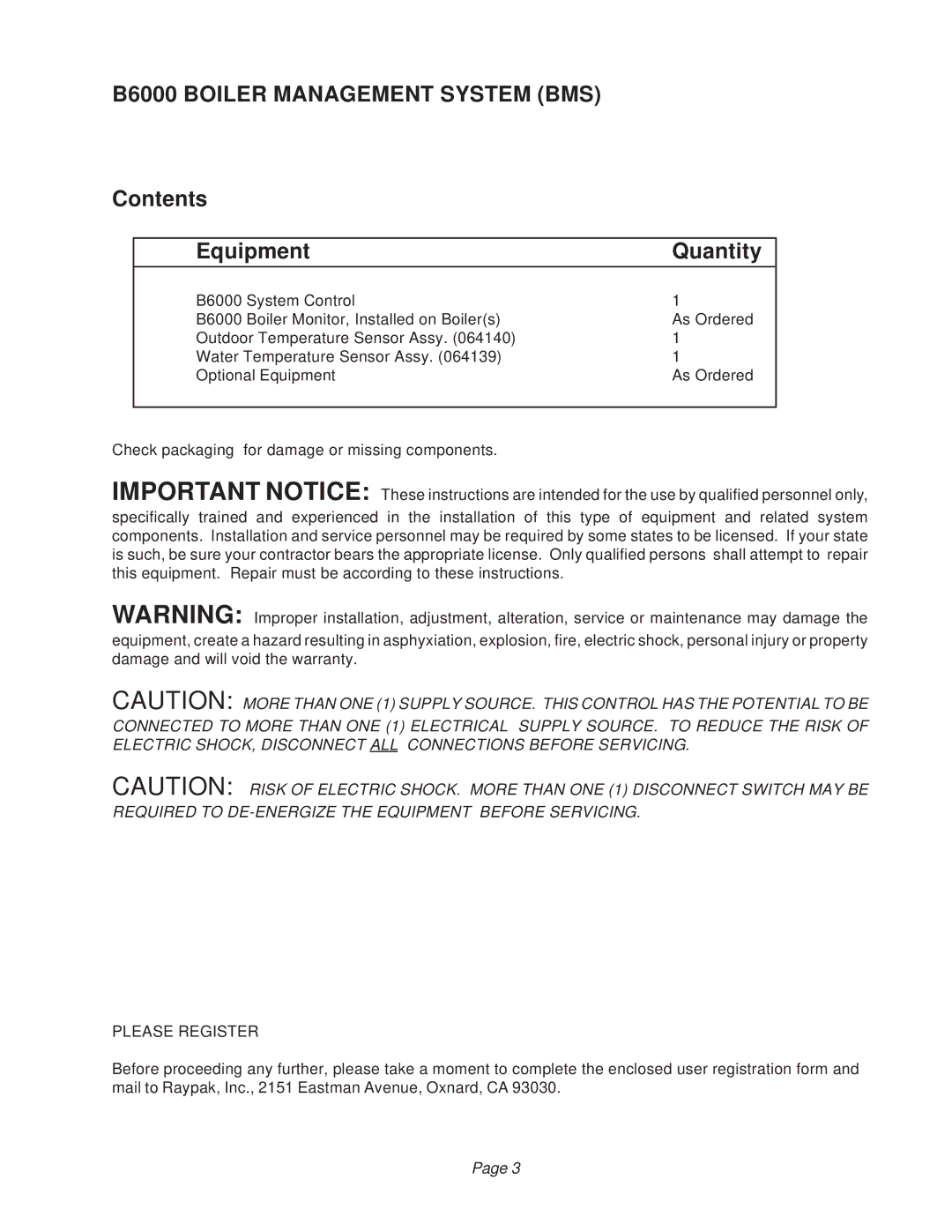 Raypak manual B6000 Boiler Management System BMS, Contents Equipment Quantity 