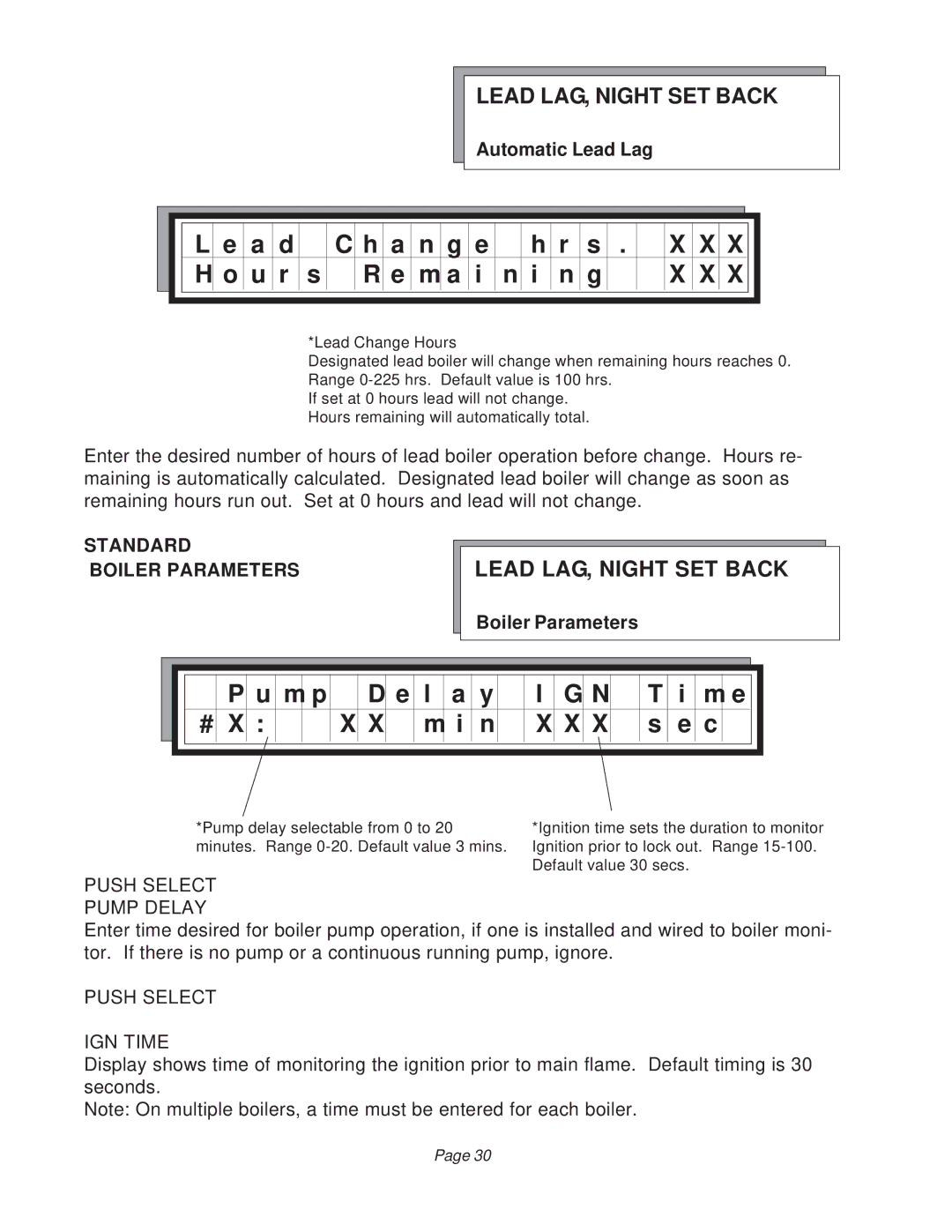Raypak B6000 manual Automatic Lead Lag, Standard Boiler Parameters, Push Select Pump Delay, Push Select IGN Time 