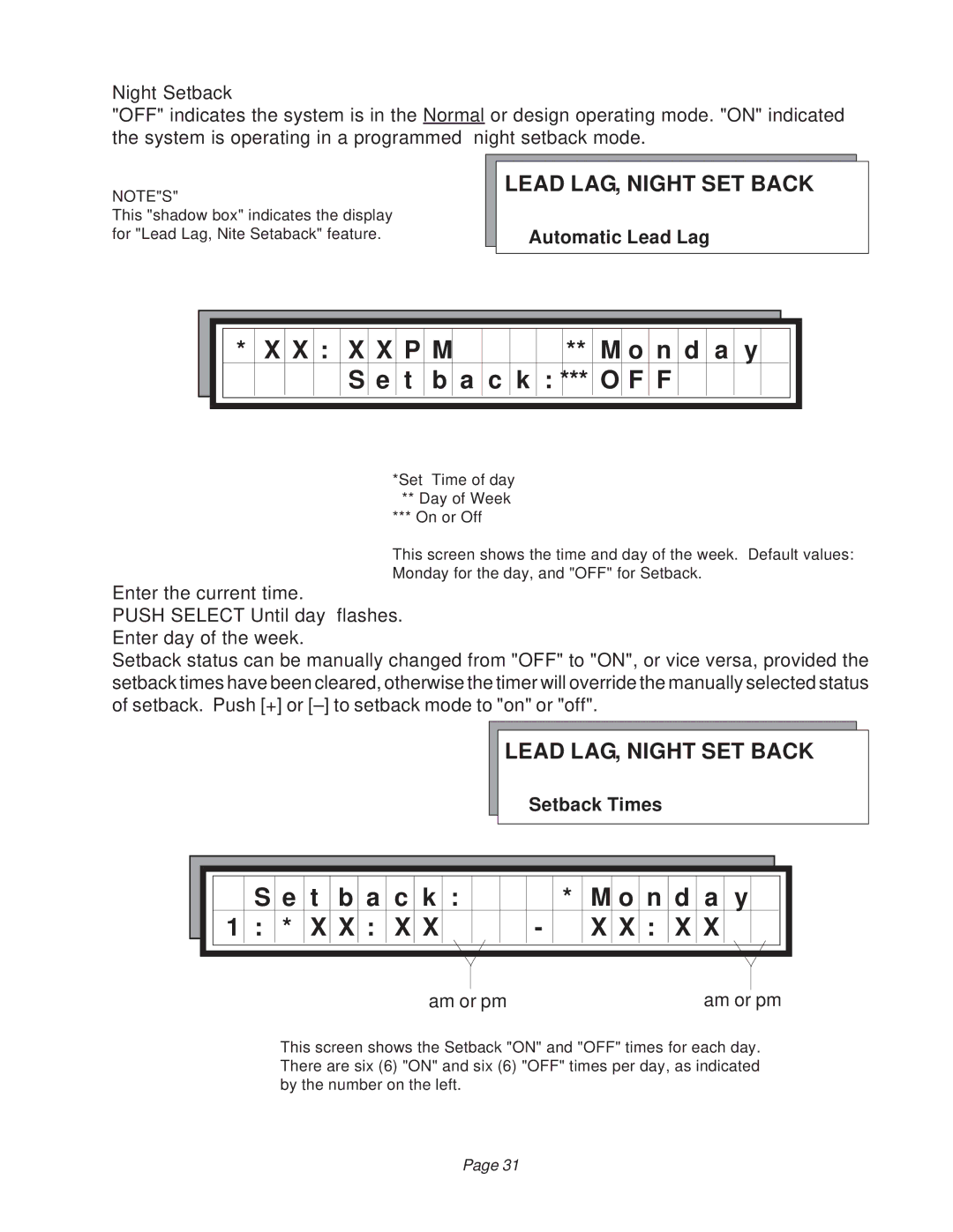 Raypak B6000 manual Setback Times Am or pm 