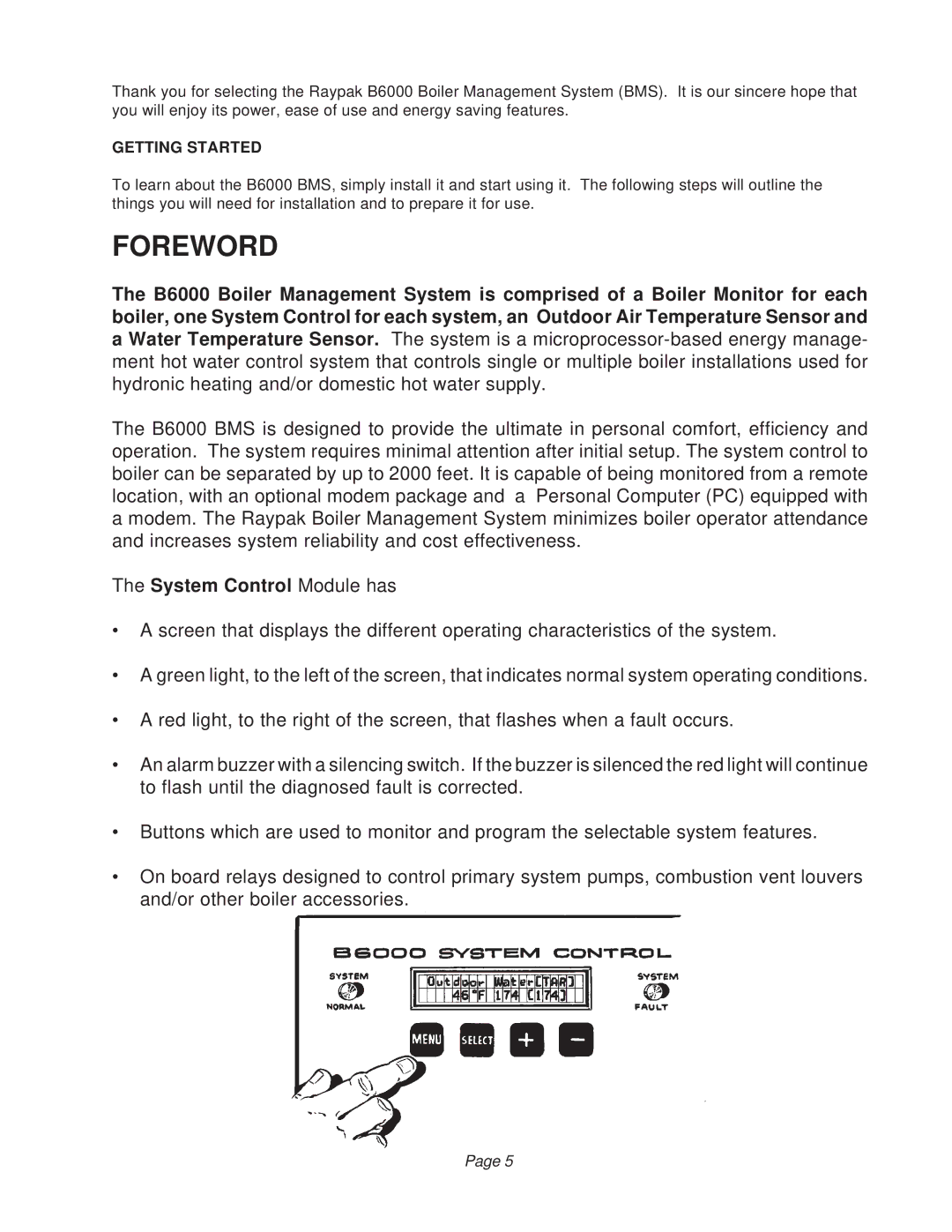 Raypak B6000 manual Foreword, System Control Module has 