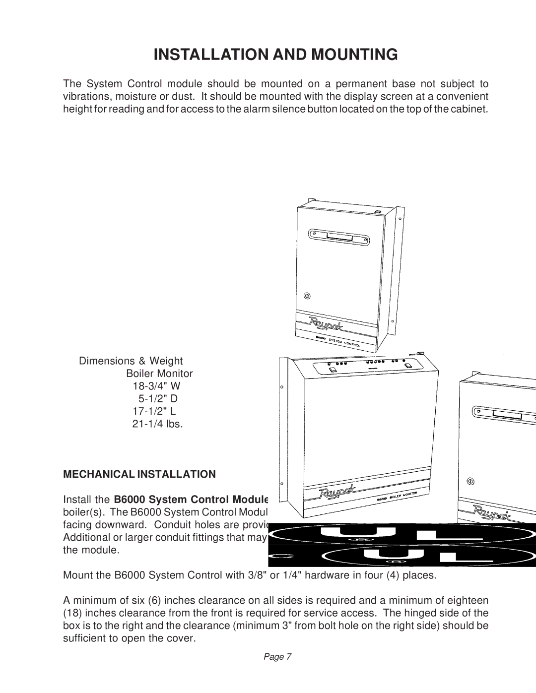 Raypak B6000 manual Installation and Mounting, Mechanical Installation 