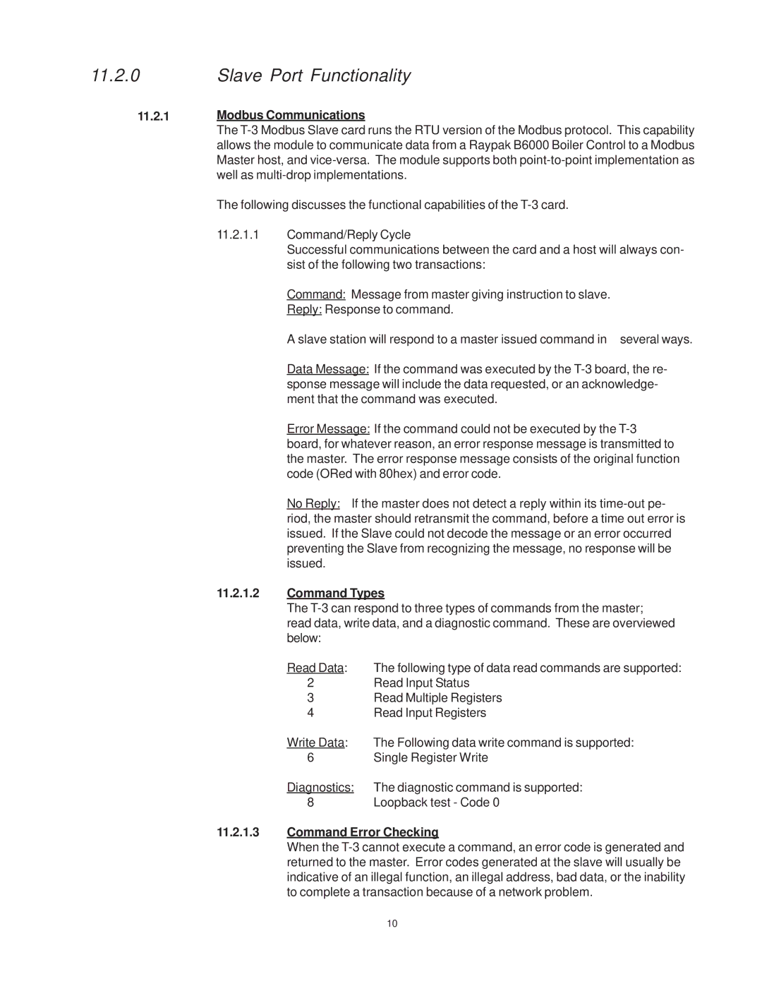 Raypak B6000 manual Modbus Communications, Command Types, Command Error Checking 