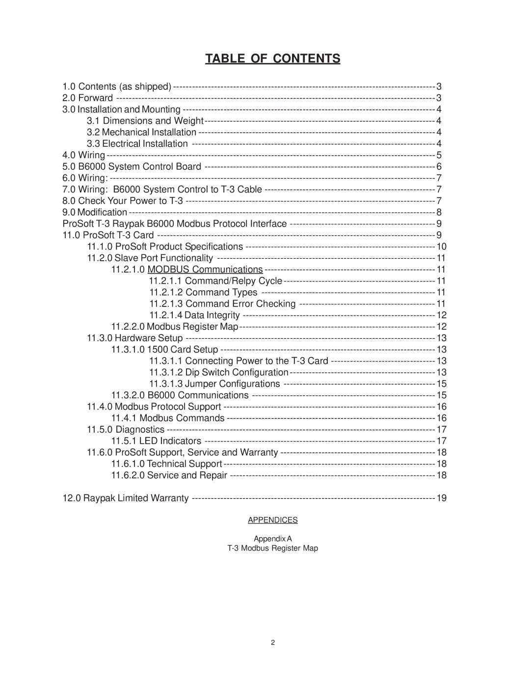 Raypak B6000 manual Table of Contents 