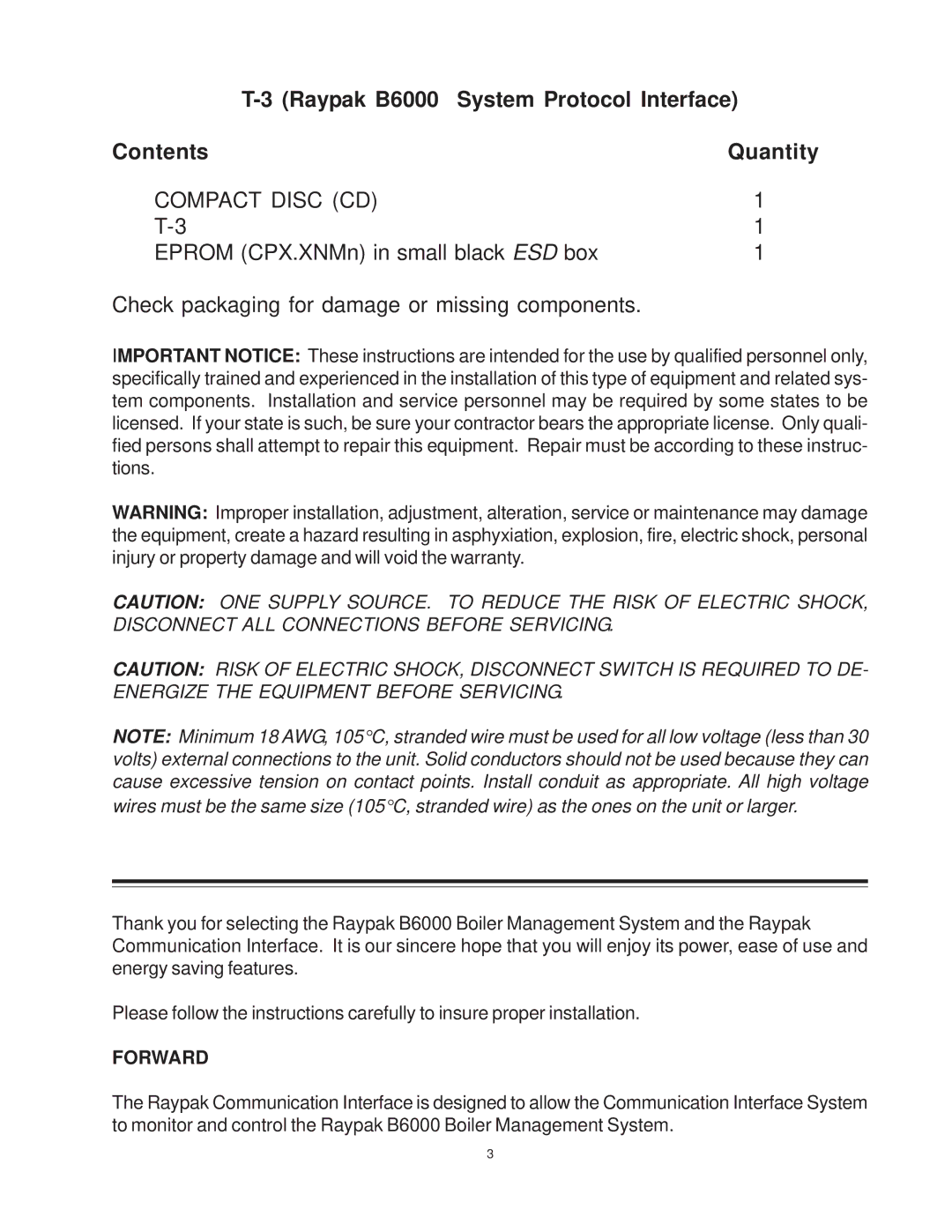 Raypak manual Raypak B6000 System Protocol Interface Contents Quantity 