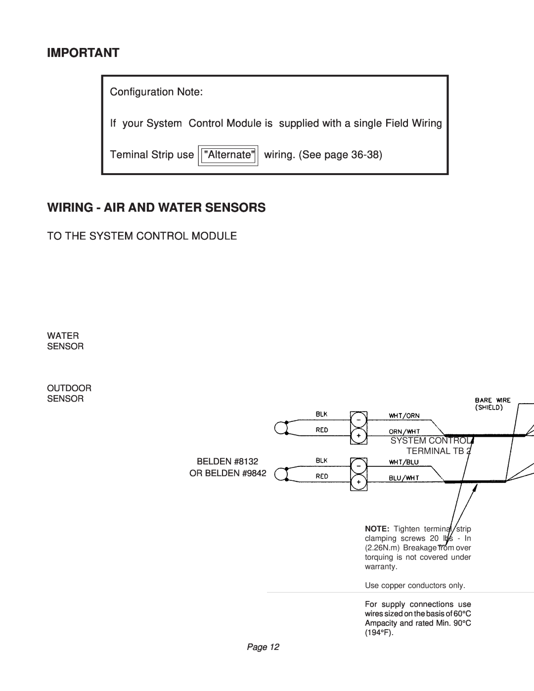 Raypak B6000 manual Wiring - Air And Water Sensors, Configuration Note, Teminal Strip use Alternatewiring. See page 