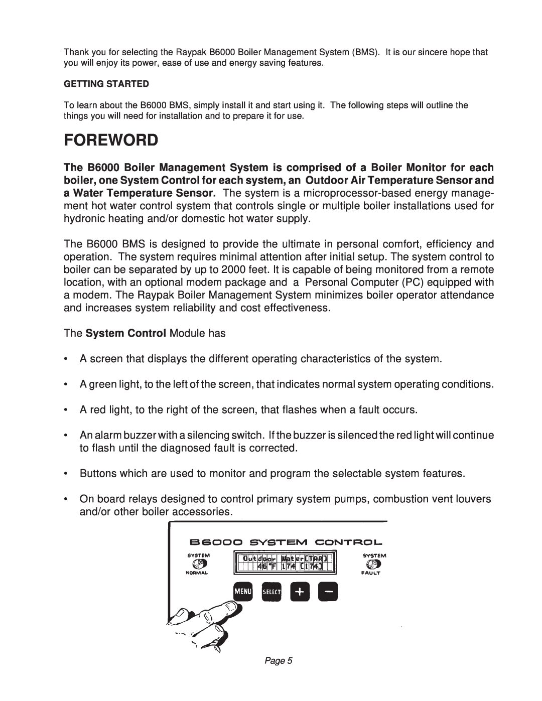 Raypak B6000 manual Foreword, The System Control Module has 