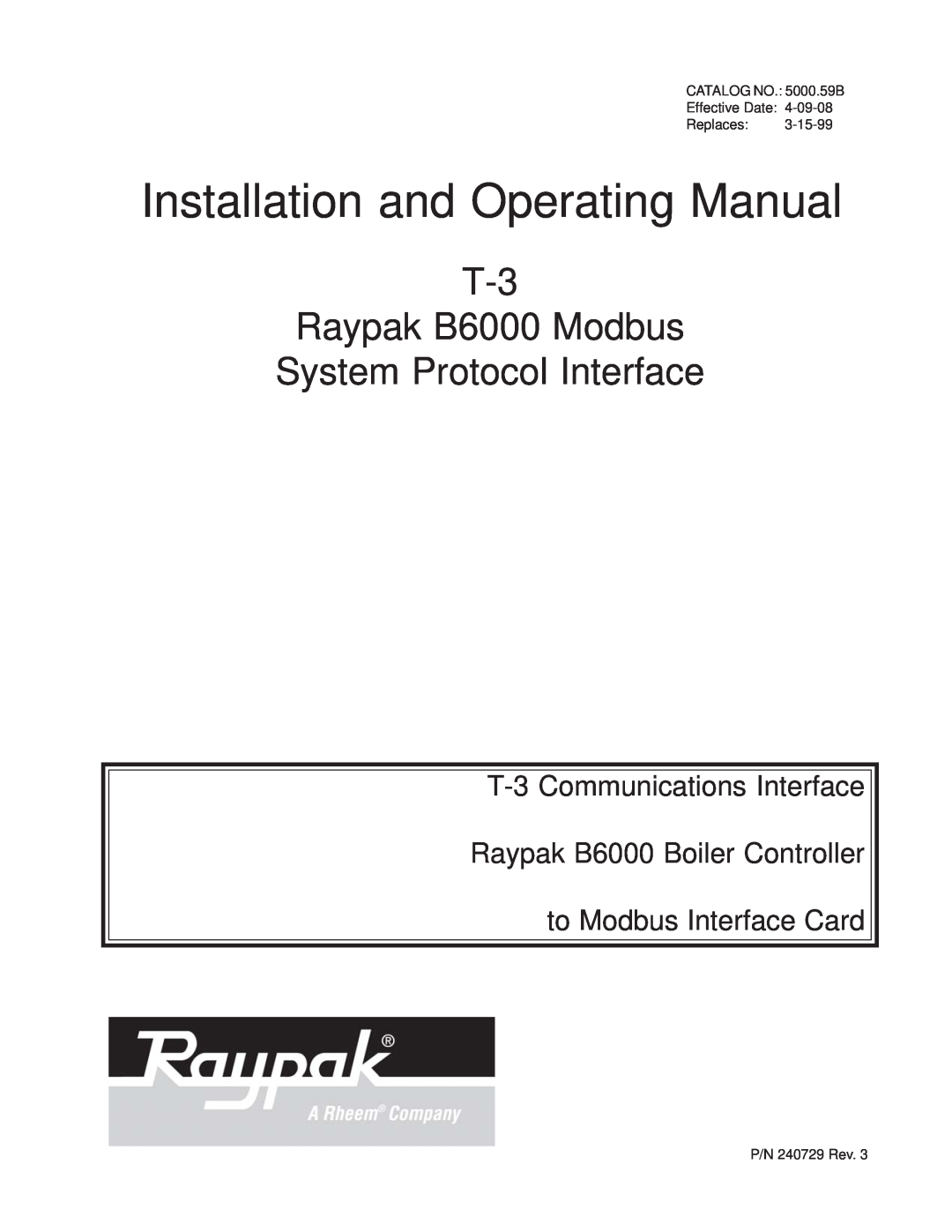 Raypak manual Installation and Operating Manual, B6000TM, Boiler Management System 