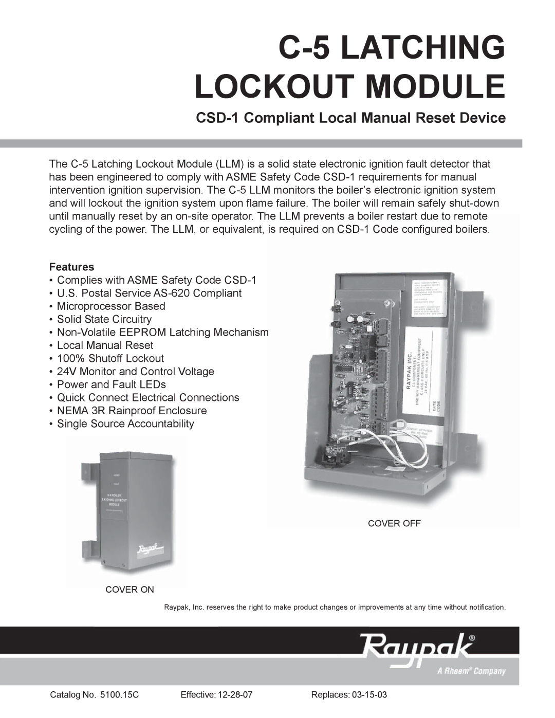 Raypak C-5 manual Latching Lockout Module, Features 