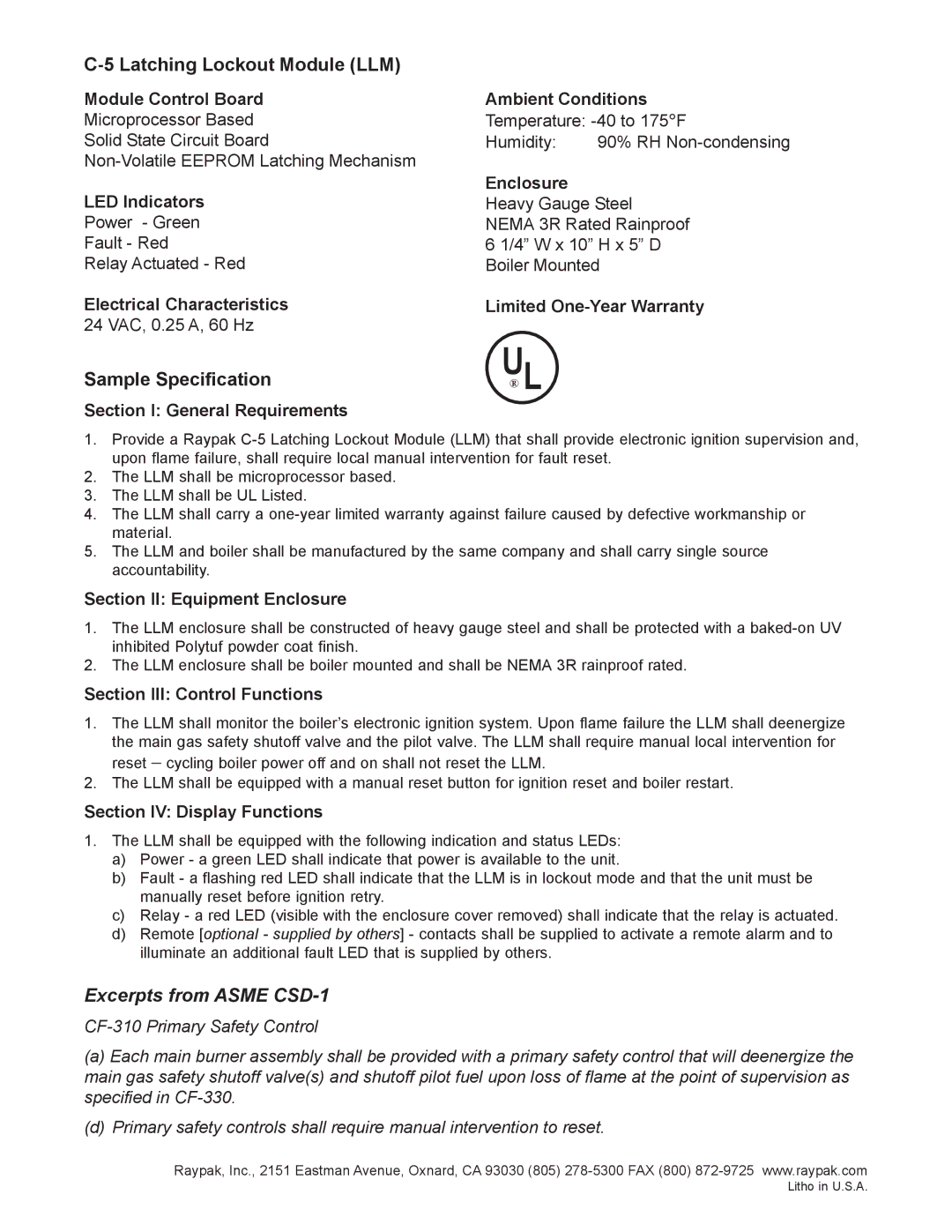 Raypak C-5 manual Latching Lockout Module LLM, Sample Specification 