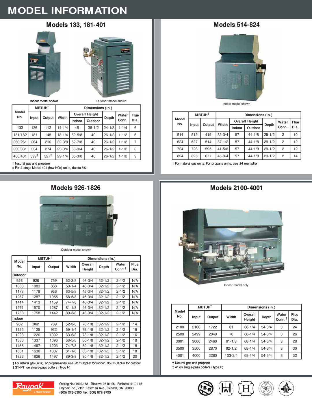 Raypak Commercial Boilers And Water Heater Model Information, Models, Mbtuh†, Dimensions in, Input, Output, Width, Depth 