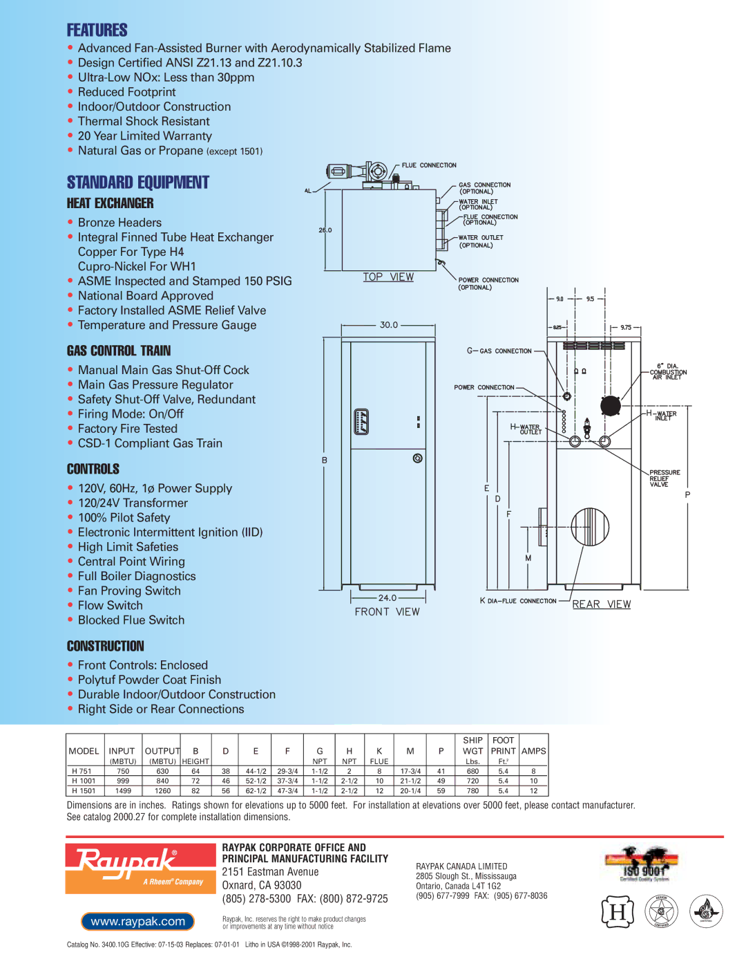 Raypak Commercial Space Heating and Domestic Water manual Features, Standard Equipment 