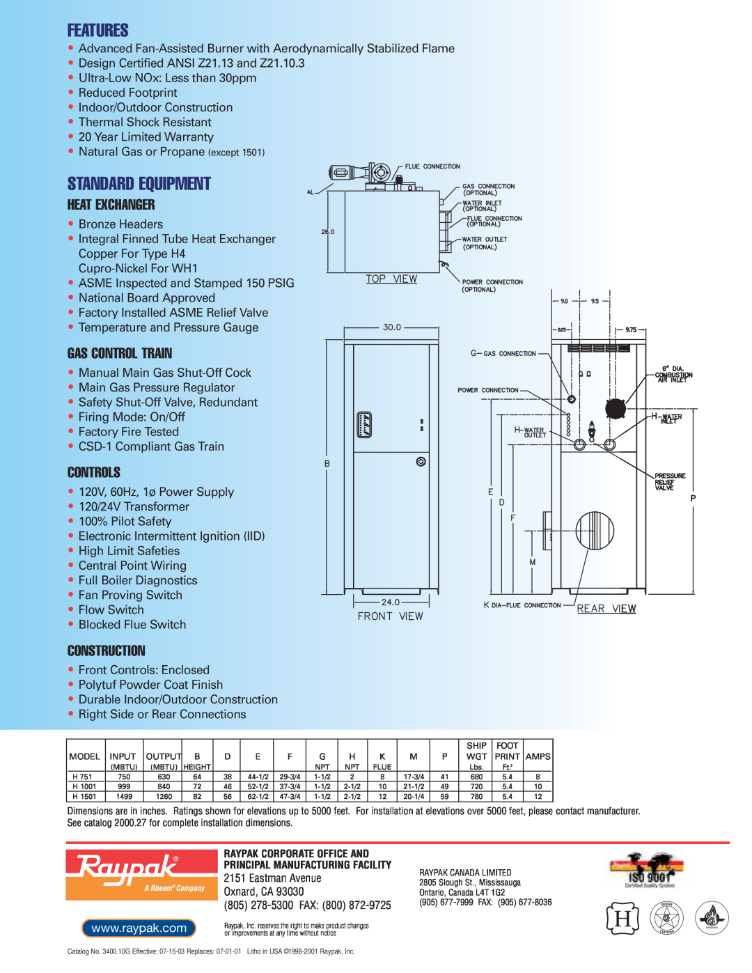 Raypak Commercial Space Heating and Domestic Water manual Features, Standard Equipment, Heat Exchanger, Gas Control Train 