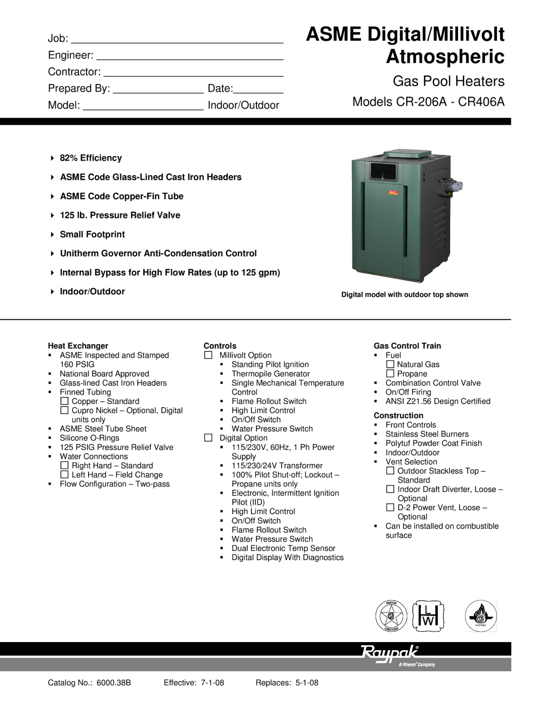 Raypak CR406A, CR-206A manual Heat Exchanger Controls Gas Control Train, Construction 