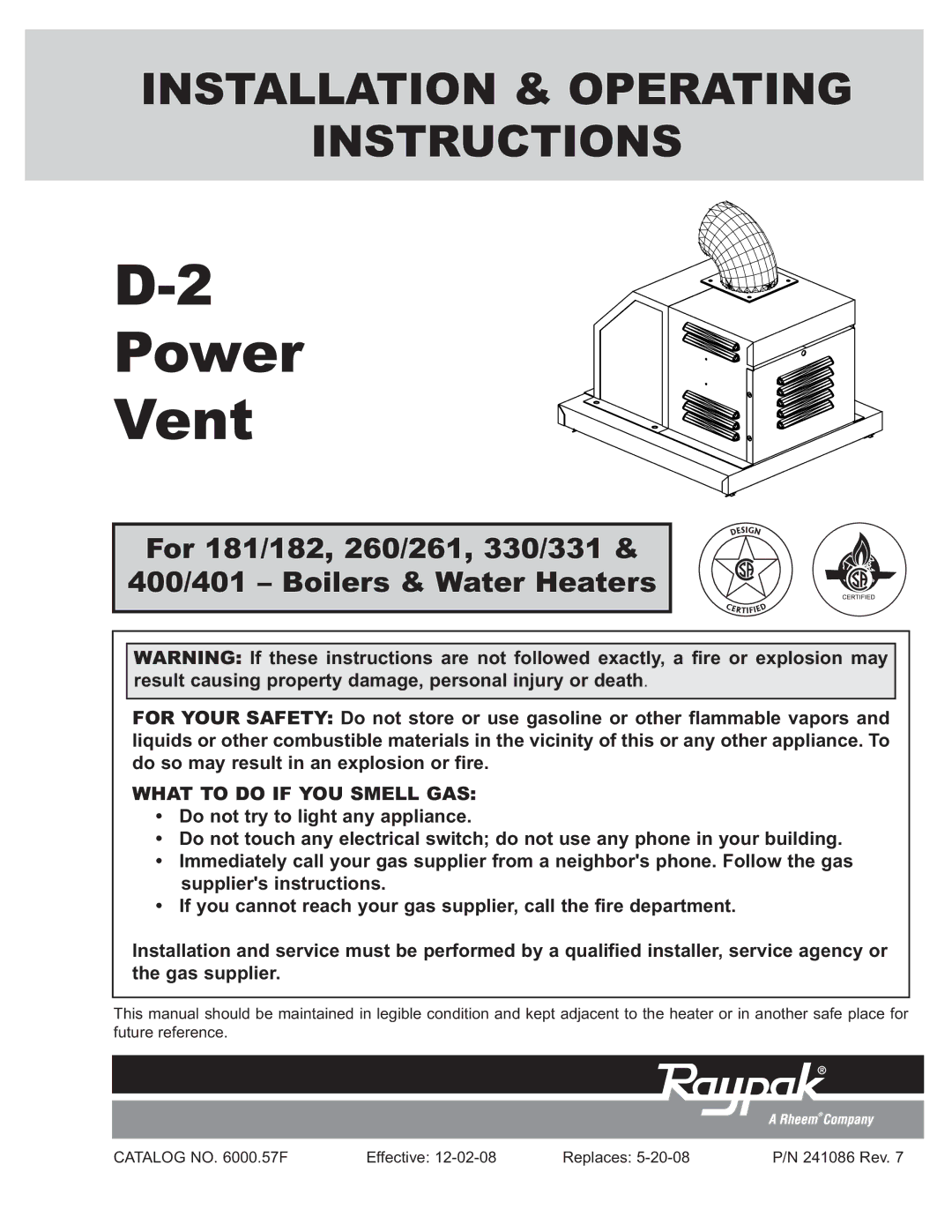 Raypak D2 manual Power Vent 