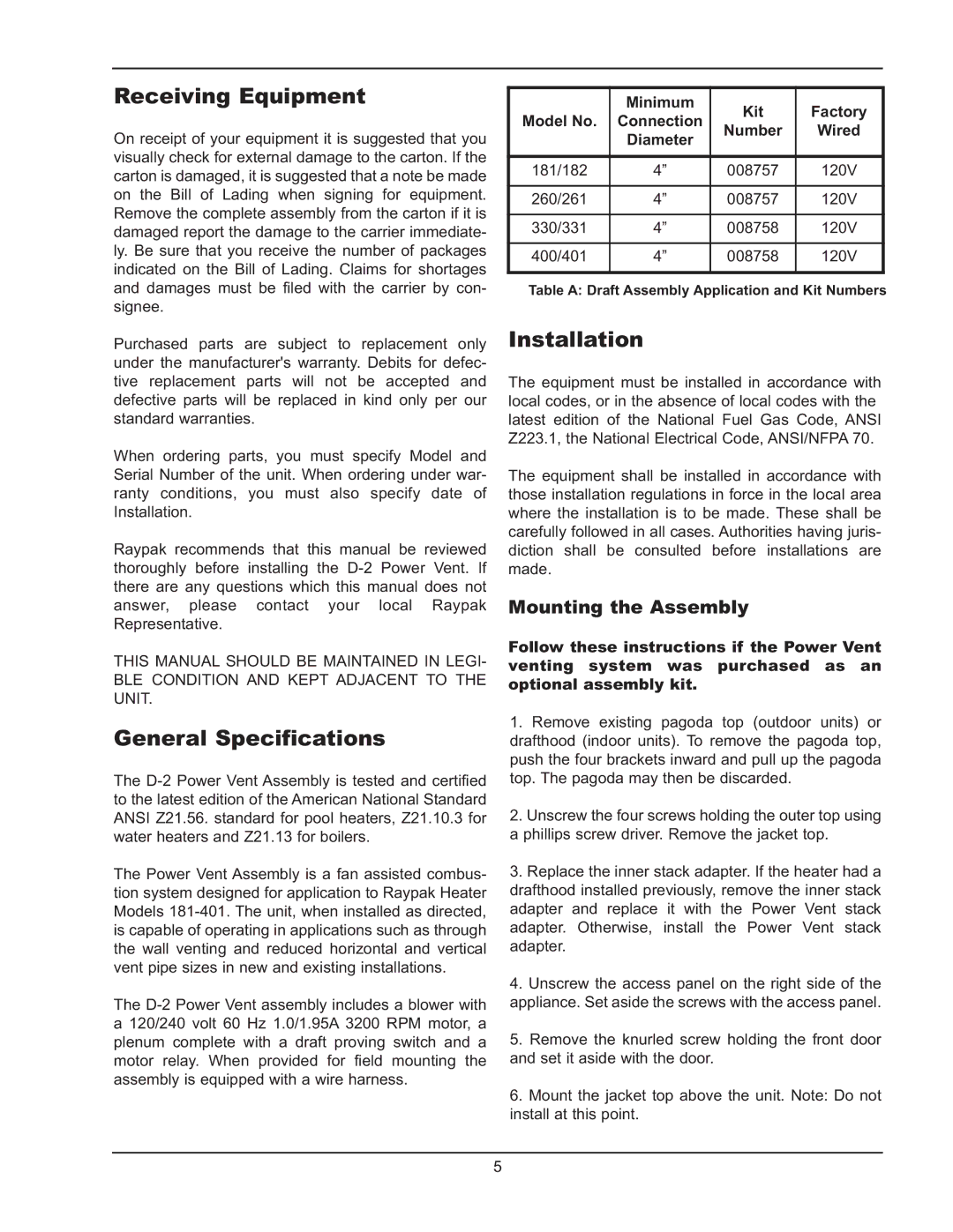 Raypak D2 manual Receiving Equipment, General Specifications, Installation 