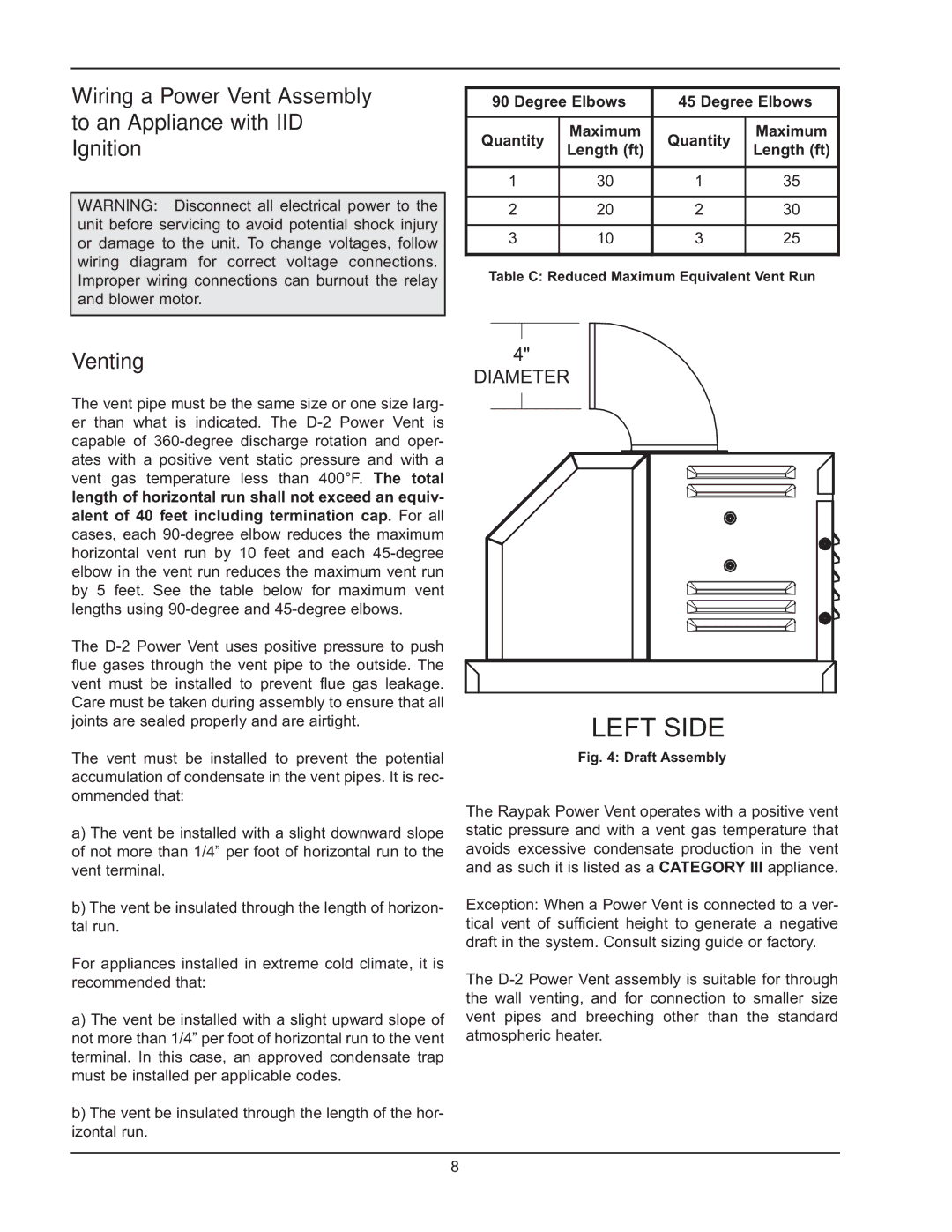 Raypak D2 manual Left Side, Venting 