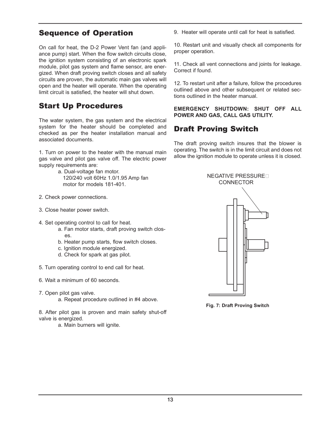 Raypak D2 manual Sequence of Operation, Start Up Procedures, Draft Proving Switch, Negative Pressure Connector 