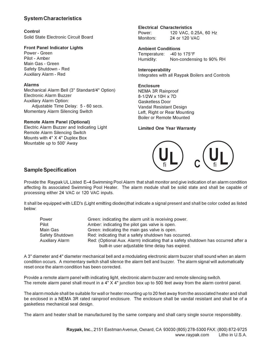 Raypak E-4 warranty C U L, System Characteristics, Sample Specification 