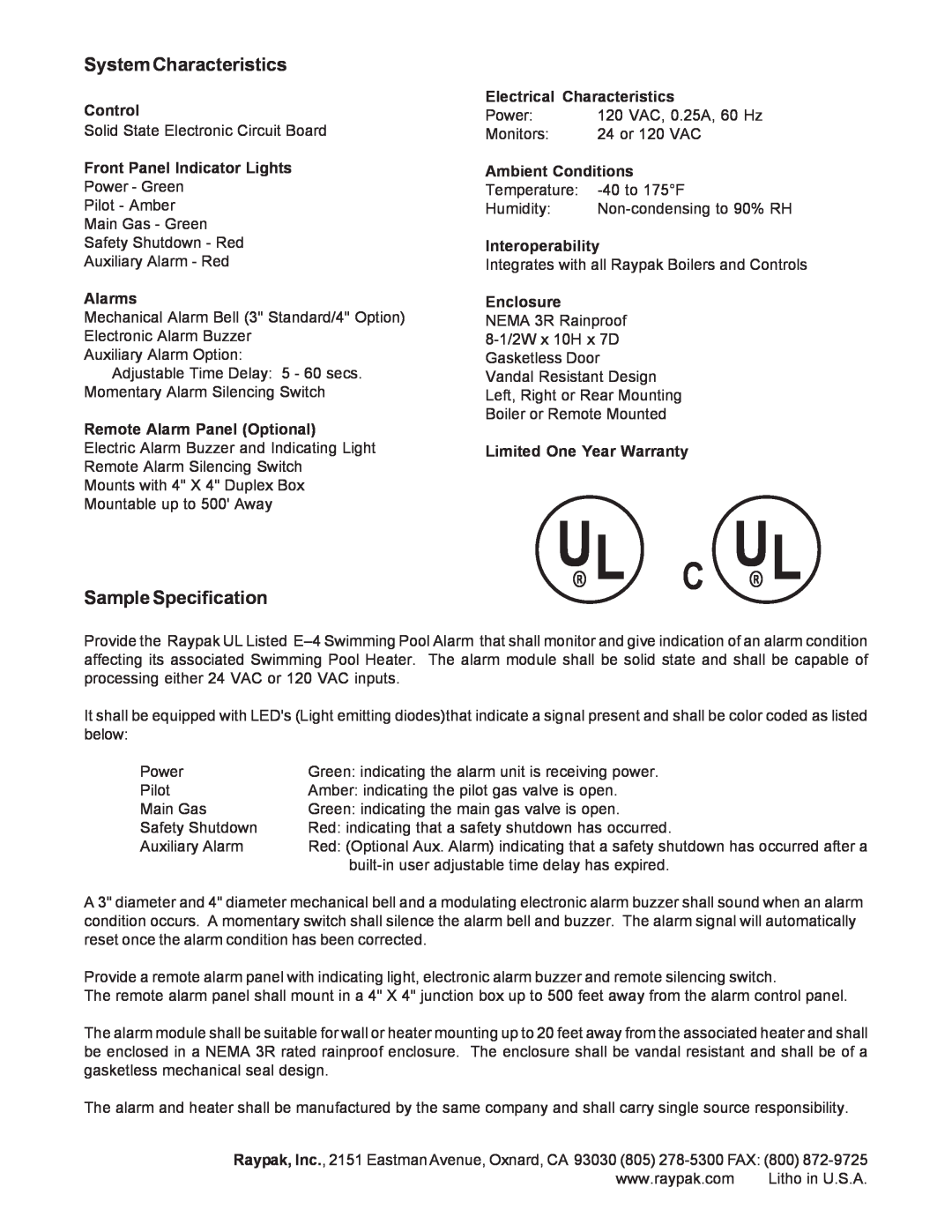 Raypak E-4 warranty System Characteristics, Sample Specification, U L C U L, Control, Front Panel Indicator Lights, Alarms 